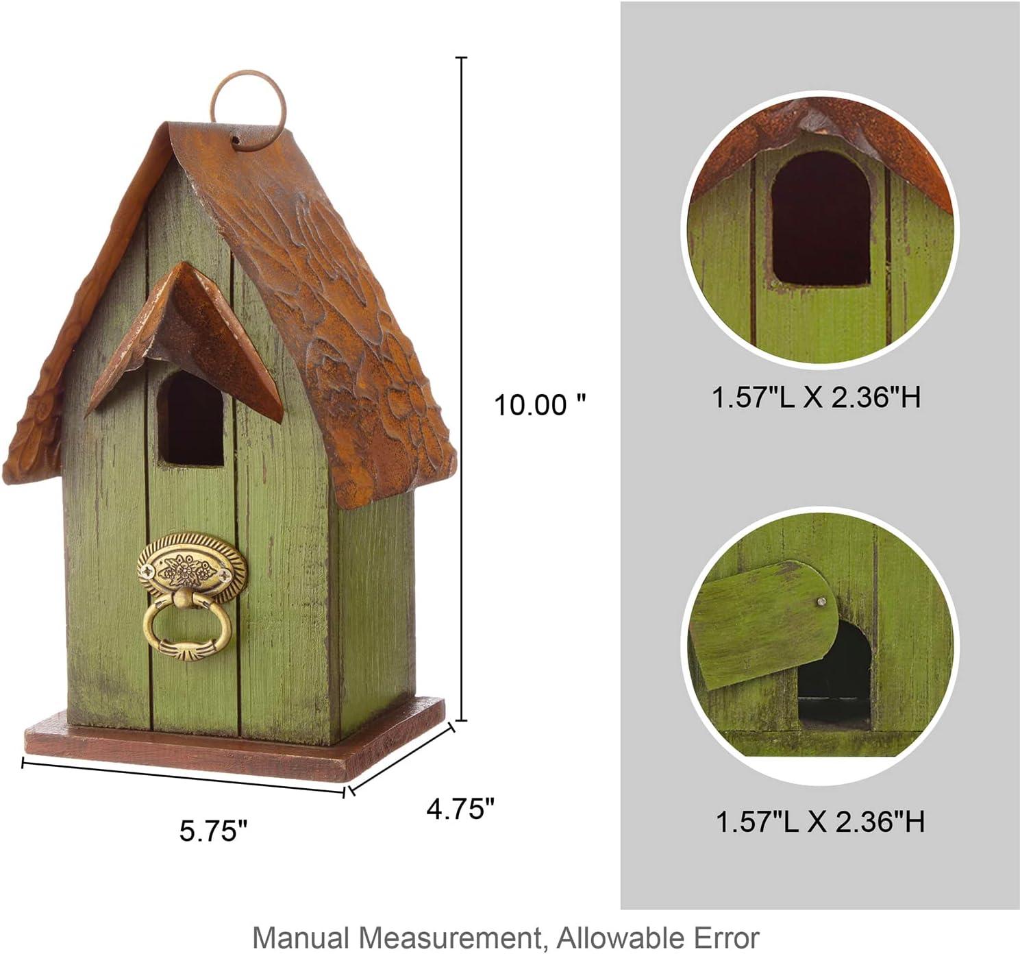 Green Distressed Wooden Birdhouse with Metal Roof