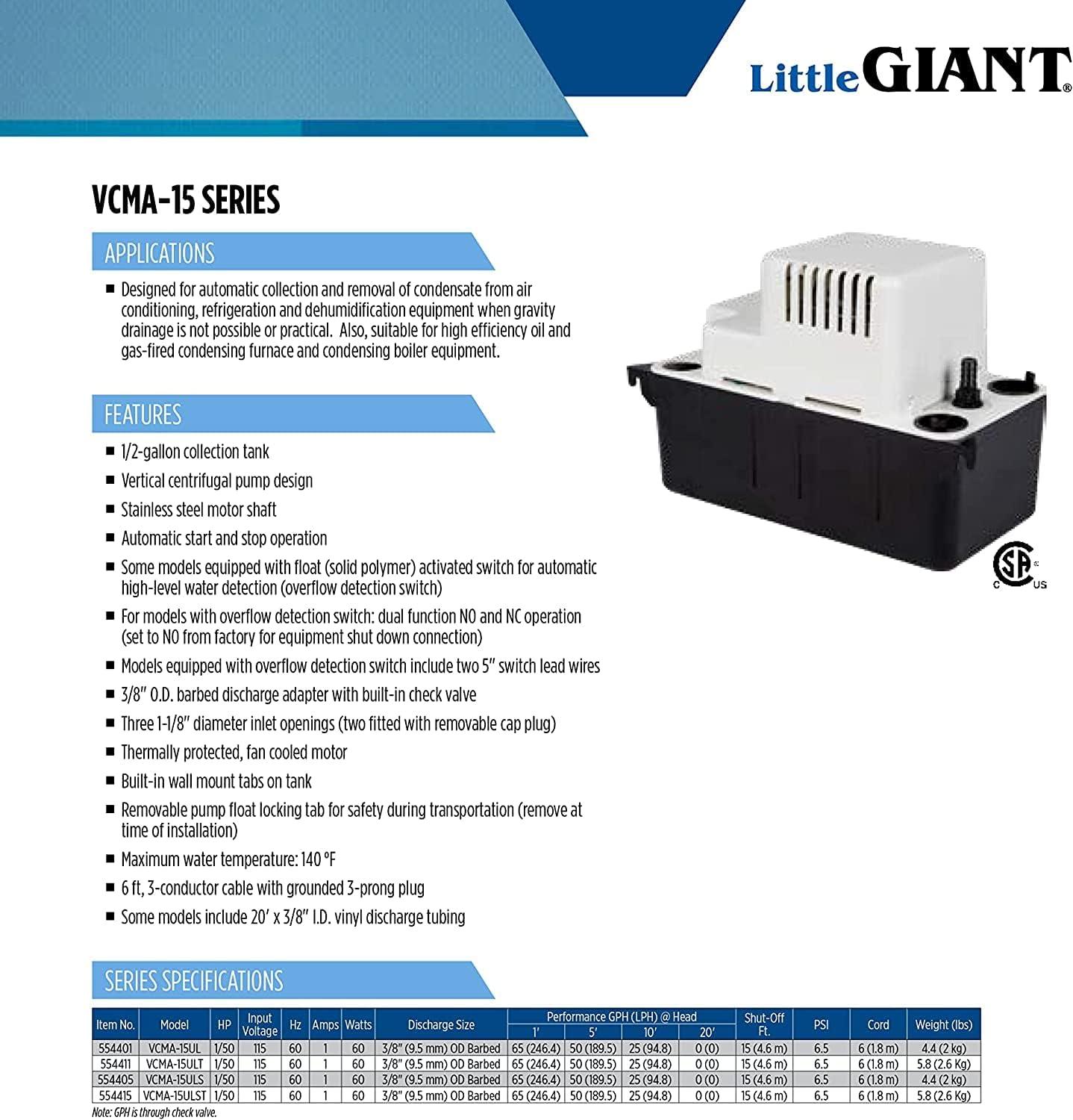 Little Giant Pump-554415 VCMA-15ULST 115V Automatic Condensate Removal Pump w/ Safety Switch