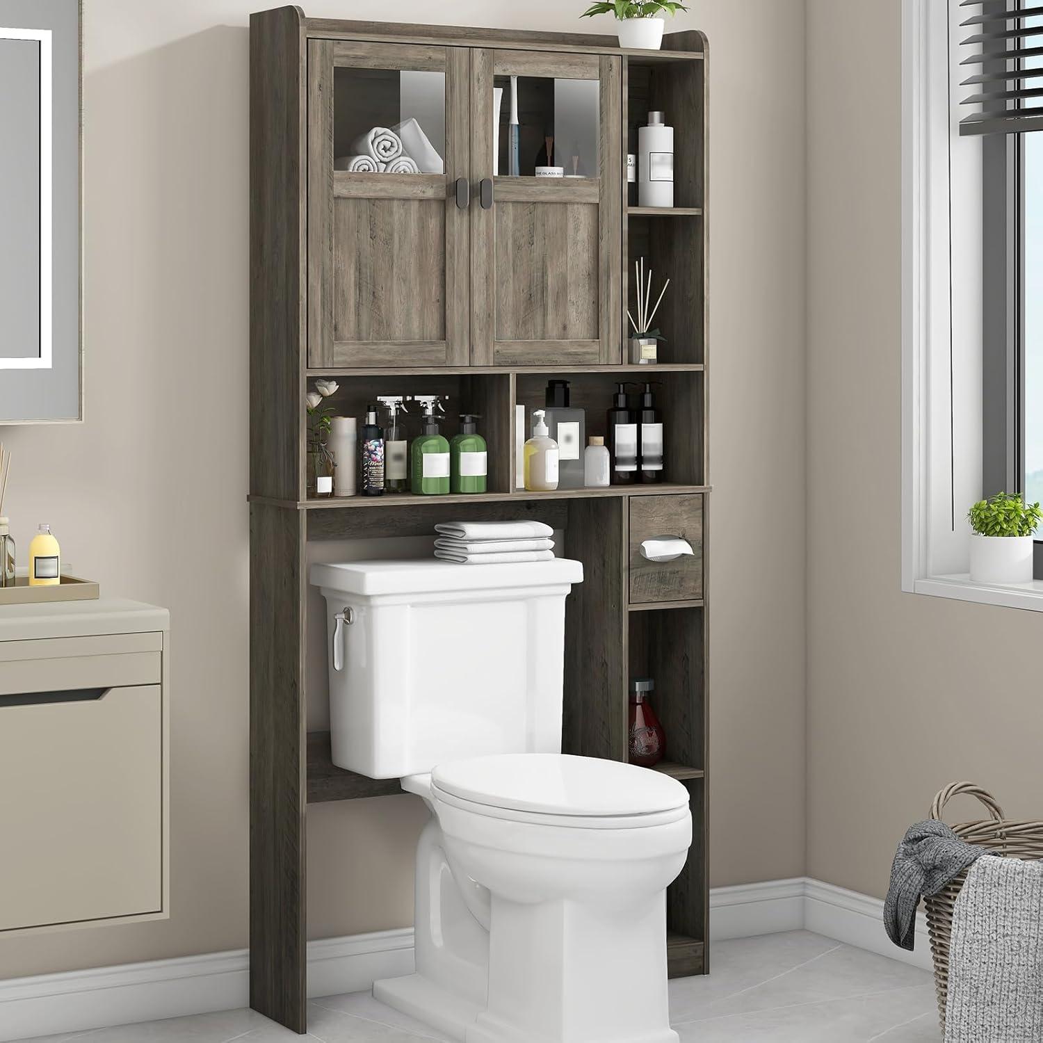 Bathroom Shelf Over Toilet with Glass Doors and Adjustable Shelves