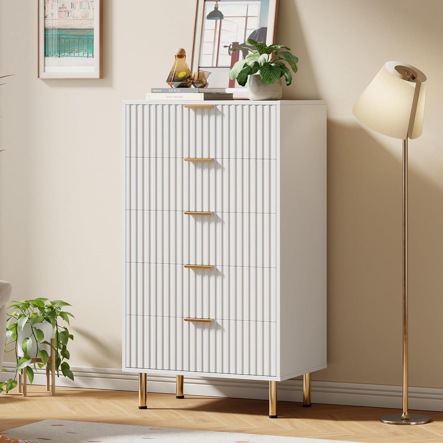 Garvee Fluted 5 Drawer Dresser for Bedroom, 48" Tall Modern Chest of Drawers, Wooden Dresser Organizer for Living Room, Hallway, Kids Room, White