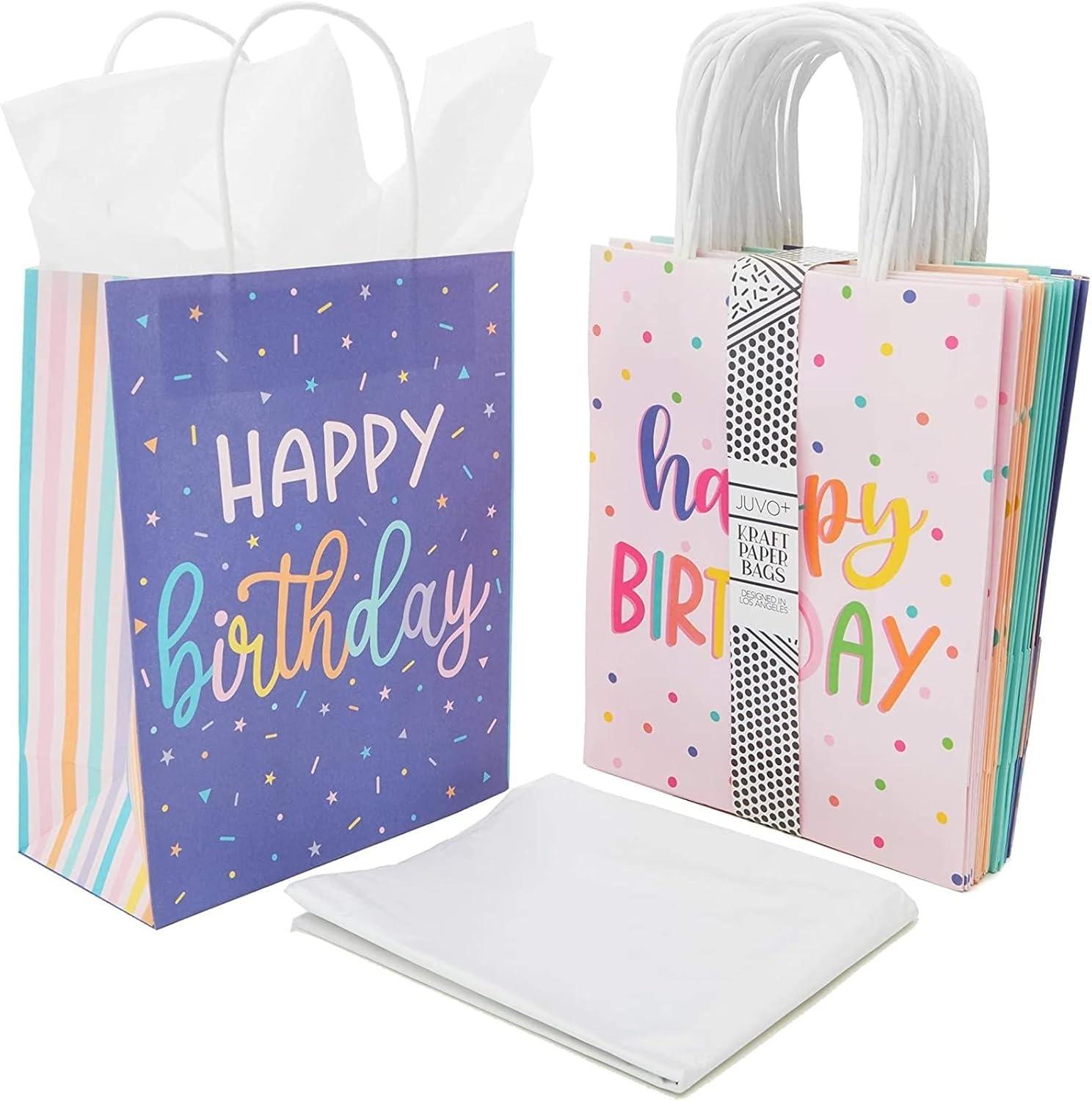 Sparkle and Bash 24 Pack 8 x 10 x 4 Inch Happy Birthday Gift Bags with Handles and 24 Sheets White Tissue Paper, 4 Pastel Colors