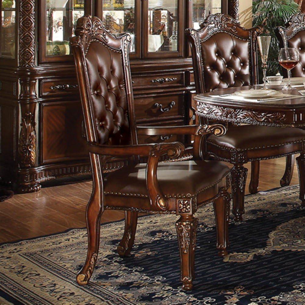 Handcrafted Brown Leather and Wood Floral Accent Chair