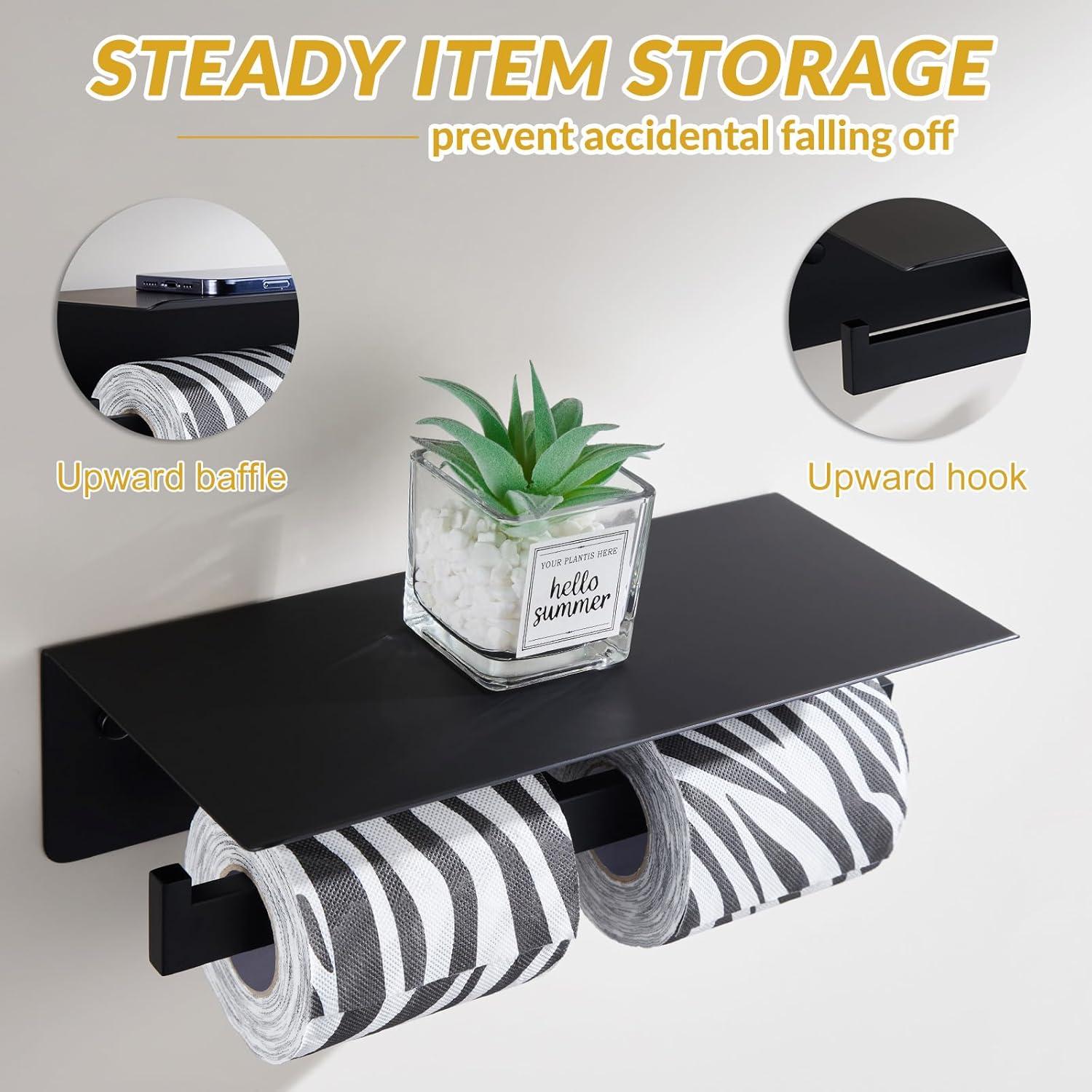 Double Toilet Paper Holder with Shelf Matte Black, SUS304 Stainless Steel Modern Bathroom Tissue Roll Holder Mobile Phone Storage Rack