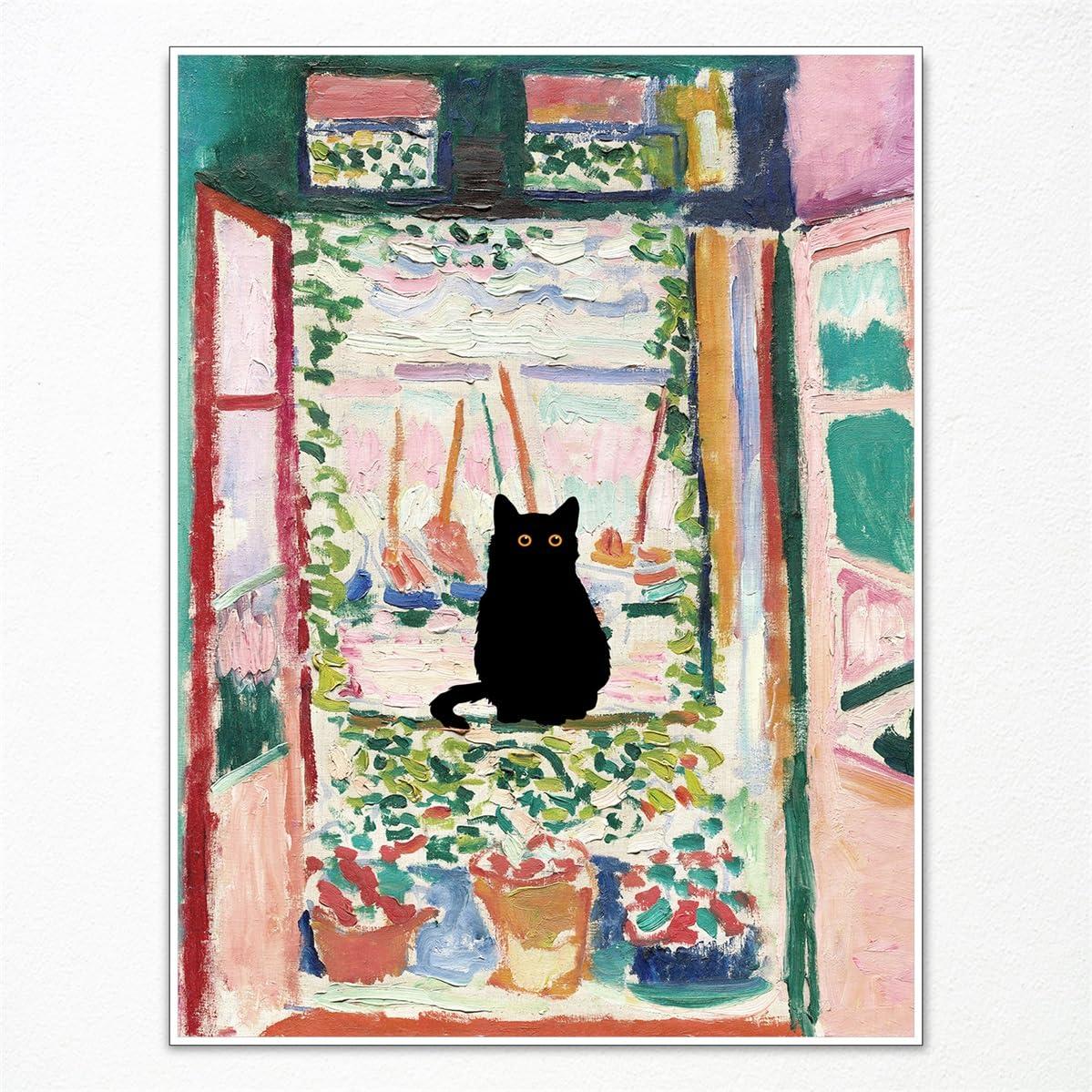 Henri Matisse Oil Paintings on Canvas Wall Art Matisse Famous Open Window Black Cat Poster Funny Cat Floral Print Colorful Farmhouse Gallery Aesthetic Room Decor for Bedroom Bathroom 12x16in Unframed