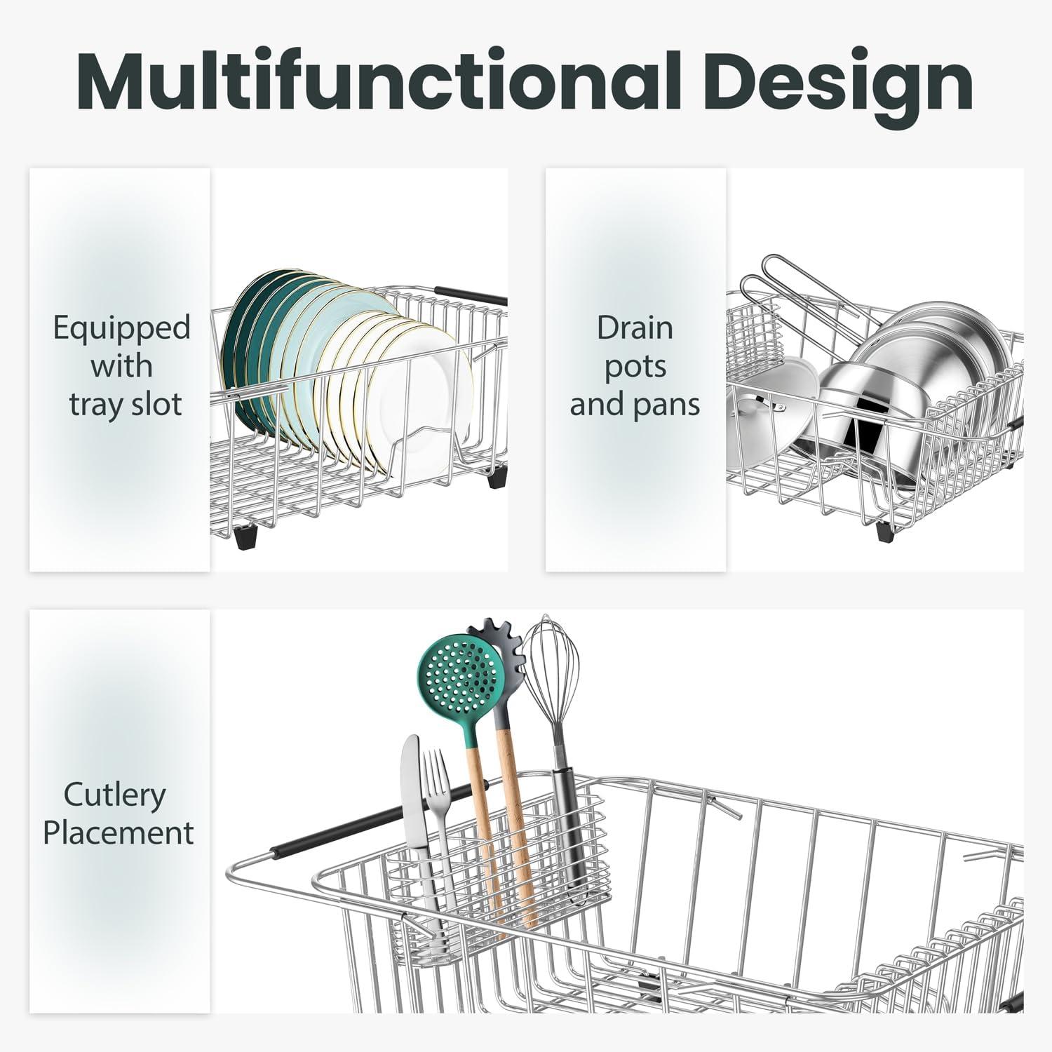 Expandable Sink Dish Drying Rack for Kitchen Counter,Durable 304 Stainless Steel Dish Drainer with Utensil Holder Over Sink,with Utensil Holder-Large(for 2-5 People)