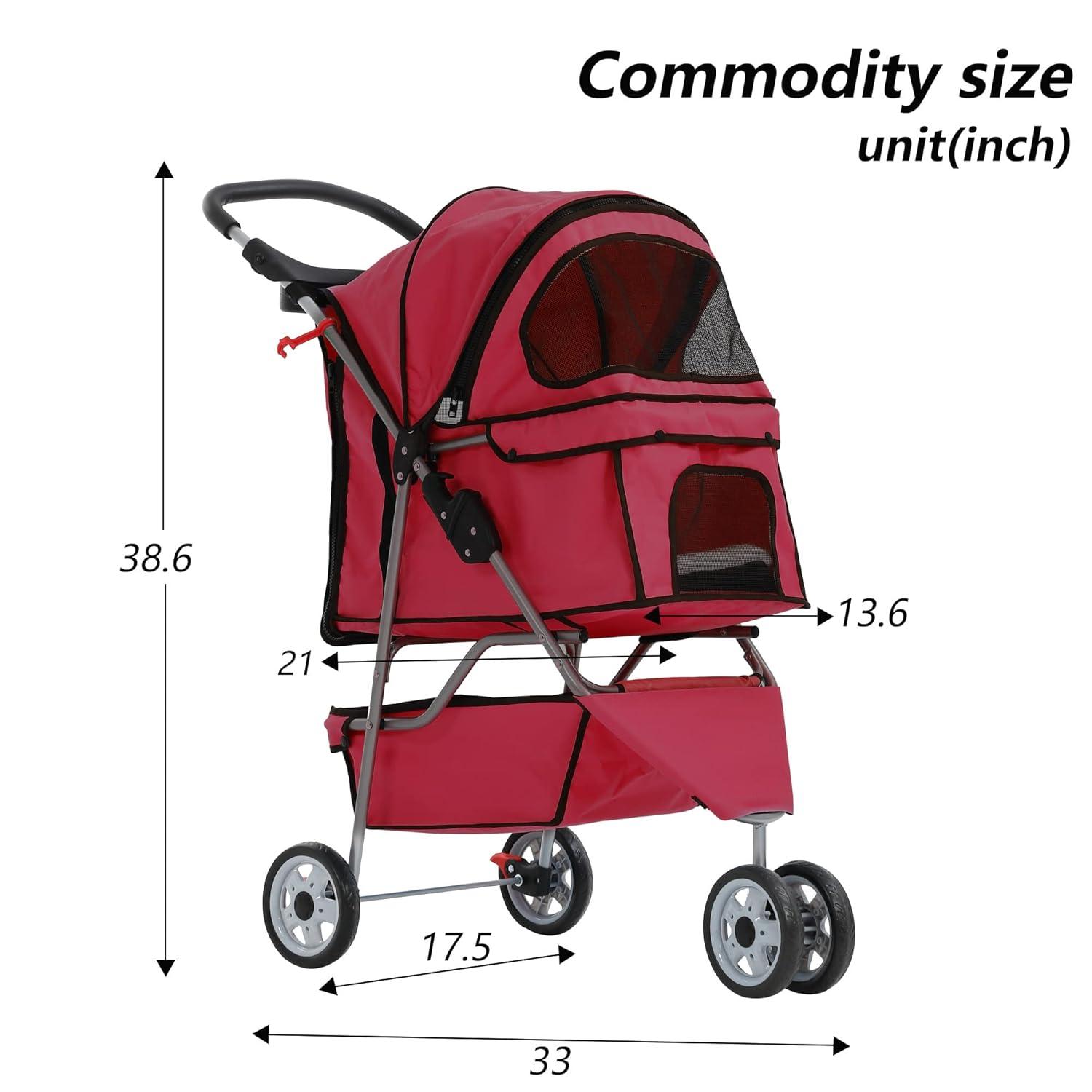 Red 3-Wheel Foldable Alloy Steel Dog Stroller with Storage Basket