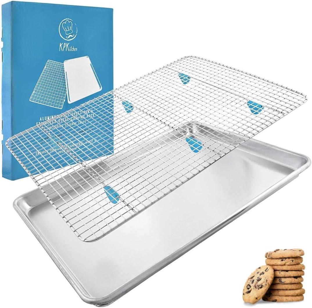 Baking Sheet with Wire Rack Set - Exclusive Silicone Feet Prevent Scratches - Bacon Rack for Oven - Aluminum Half Sheet Pans for Cooking with Stainless Steel Wire Baking Rack for Oven C