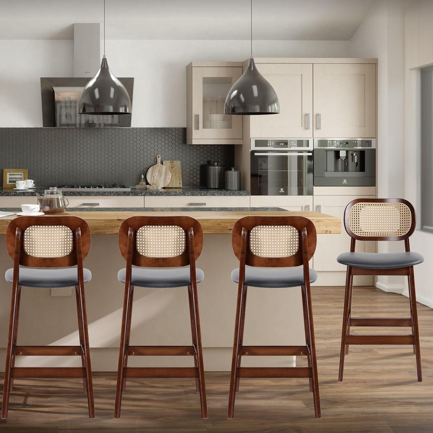 Lucky Monet Wood Upholstered Counter Height Bar Stools with Rattan Back - 36.81"H x 17.72"W x 18.7"D Set of 2 - White Faux Leather/ Brown Frame