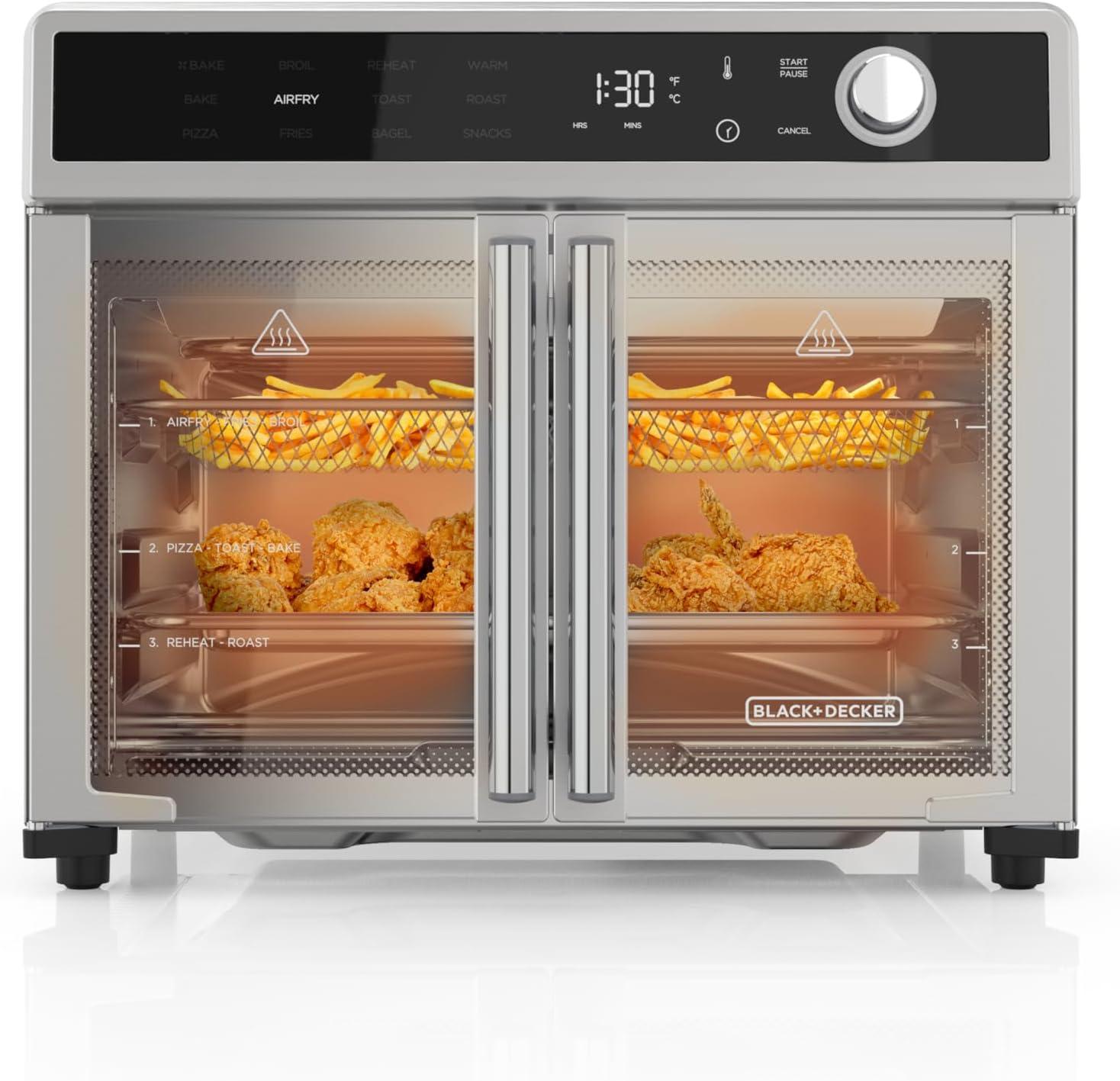 BLACK+DECKER BLACK+DECKER Air Fryer Toaster Oven Combo, 12 in 1 Countertop Convection Oven Cooks Food Fast, Fits a Whole Pizza, French Doors