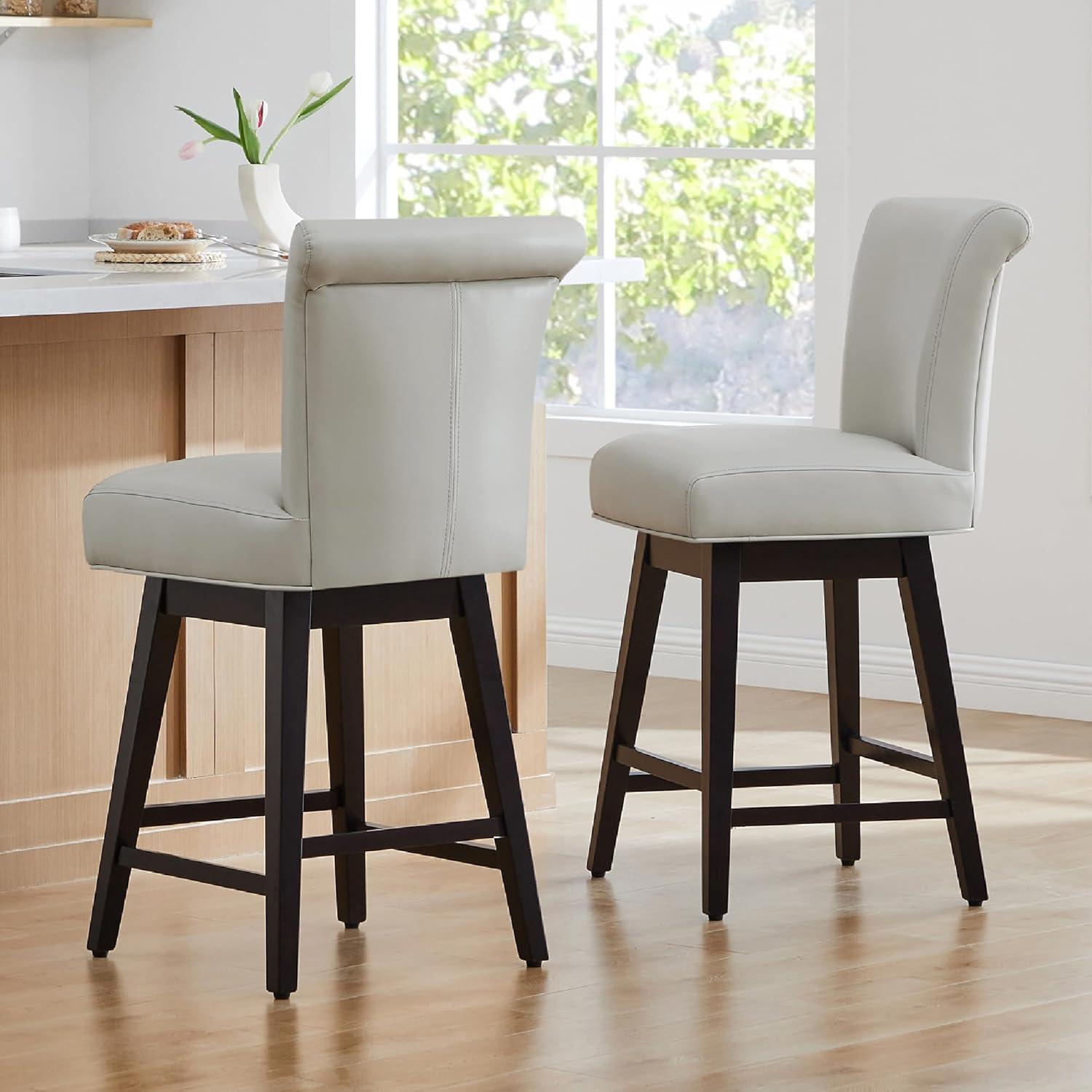 CHITA 26 in Upholstered Swivel Counter Bar Stools with Back&Wood Legs Set of 2, Faux Leather in Creamy Gray