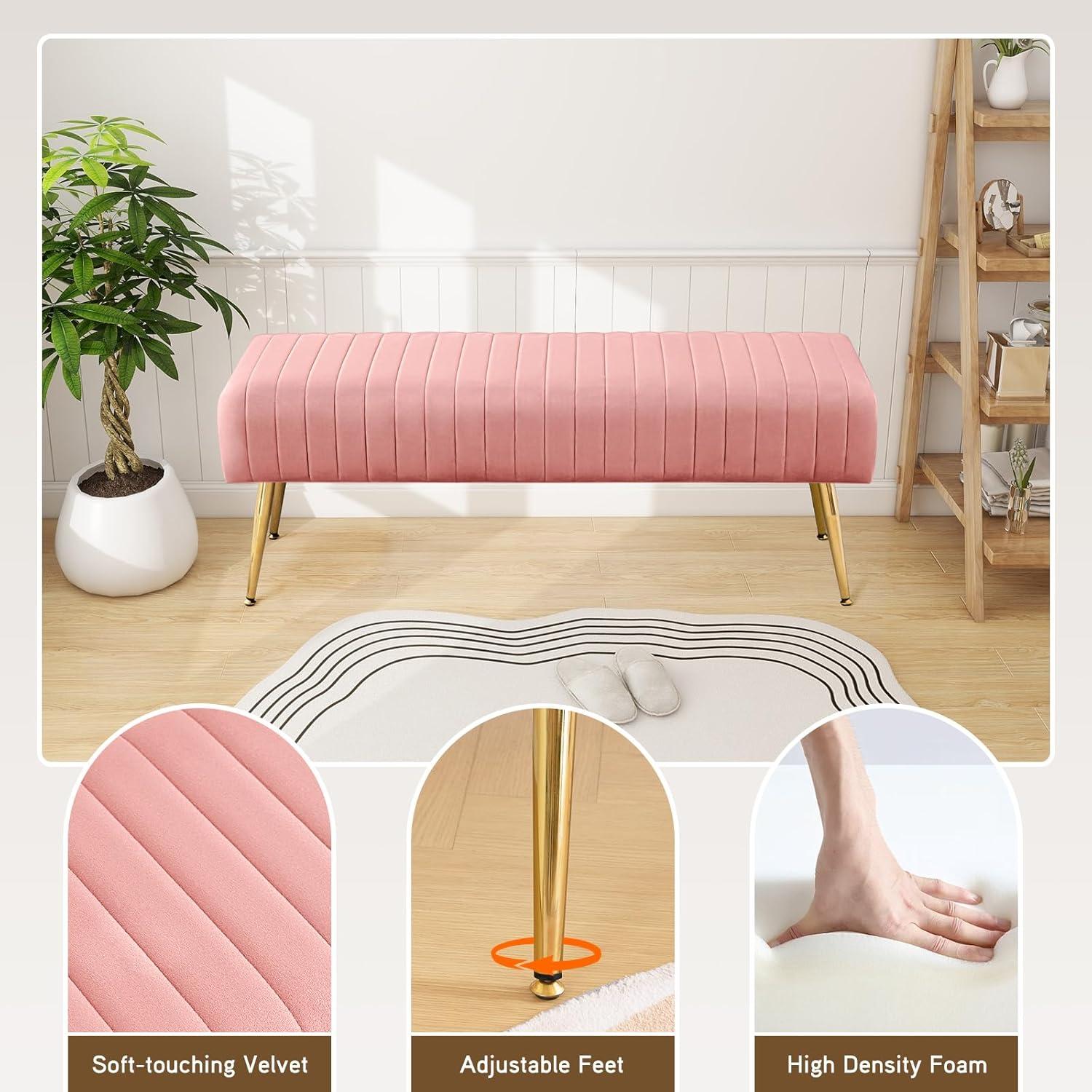 Furniliving Velvet Ottoman Bench  Modern Upholstered Bench  Indoor Entryway  Bench,  Pink