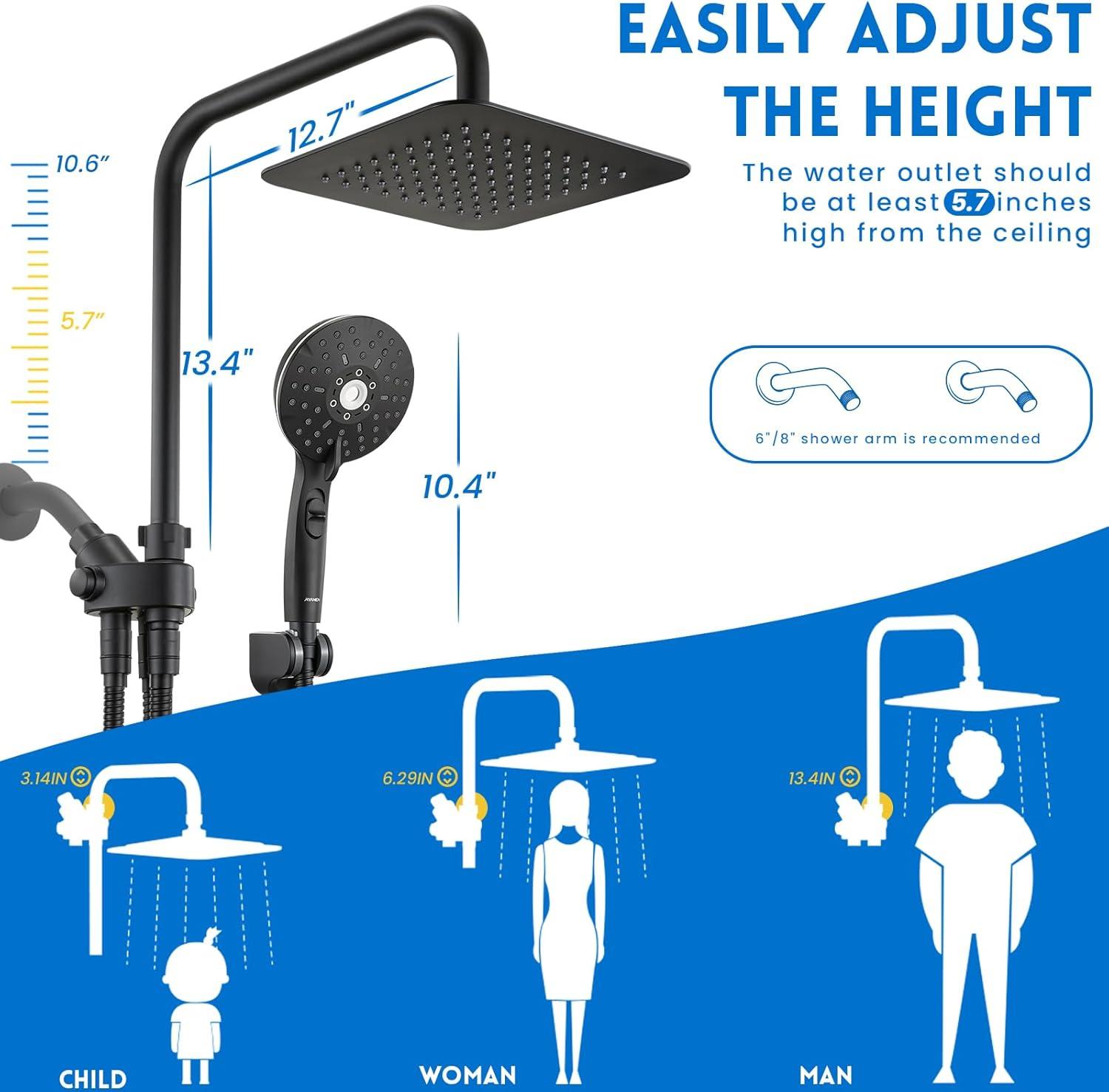 8" Dual Shower Head Combo, Rainfall Shower Head with Handheld, 6 Spray Settings Angle Adjustable Handheld Shower Head with Pause, Height Adjustable, Matte Black