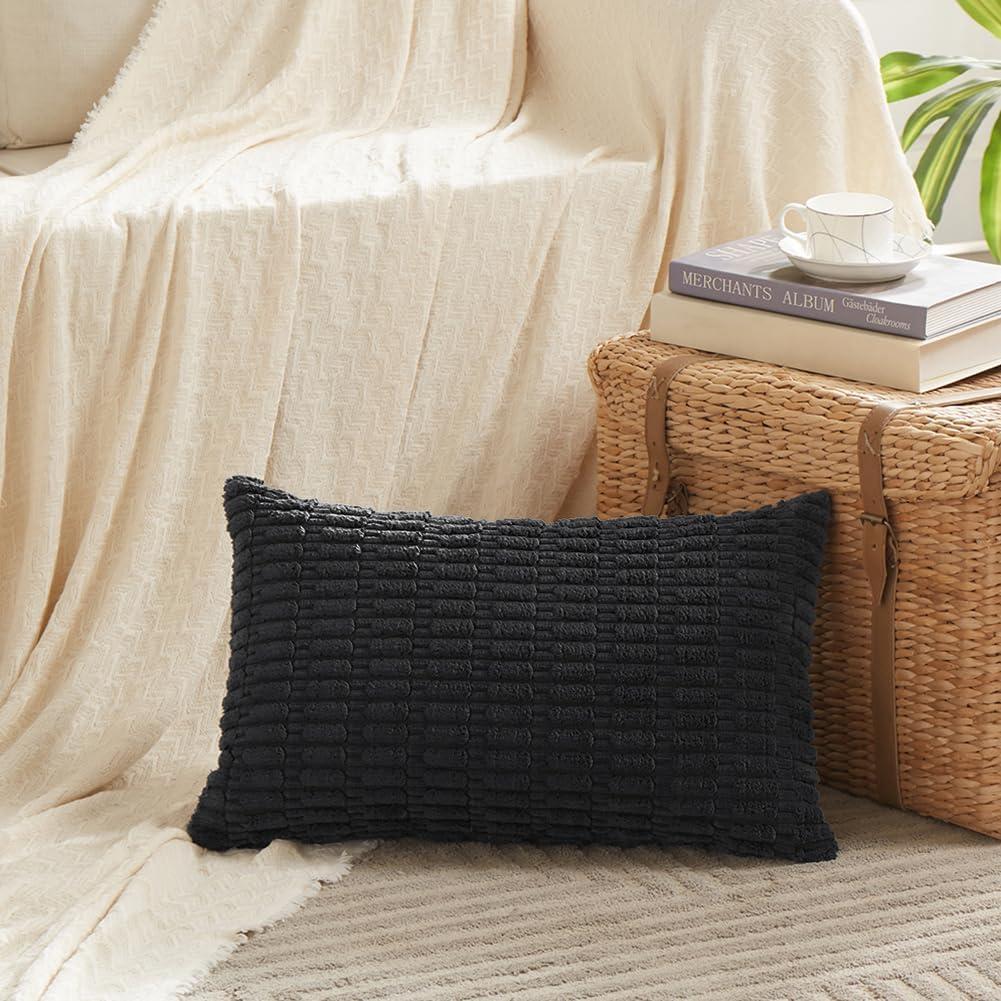 Boho Sage Green Striped Corduroy Pillow Covers - Set of 2 | Farmhouse Rectangle Cushion Cases for Sofa Couch Bed | Soft Decorative Throw Pillowcases - 12x20 Inch Home Decor