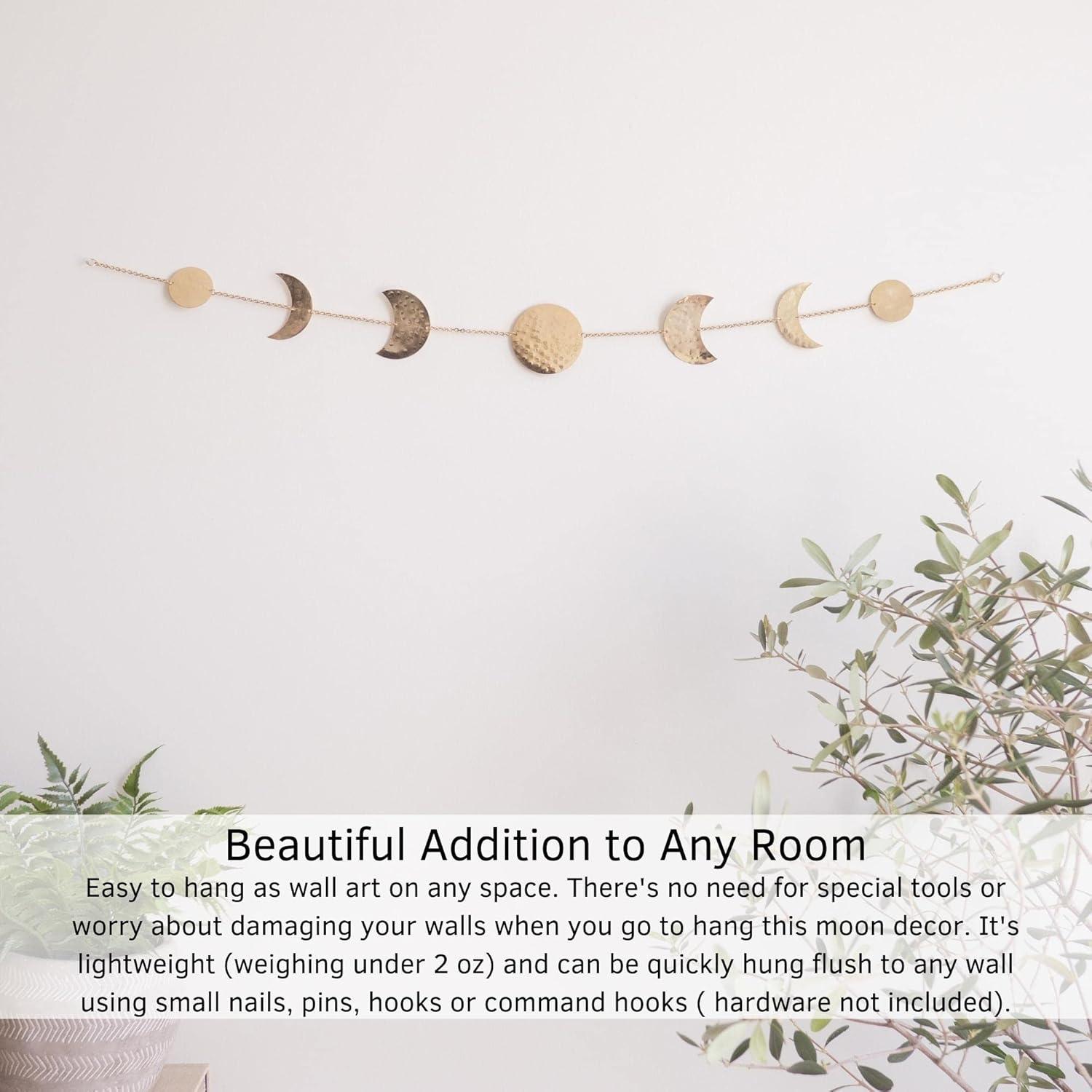 Elegant Bohemian Aesthetic, Moon Phase Wall Decor With Glowing Phases, Handmade Hammered Gold Metal Vertical Wall Art For Shelves, Bedside Tables, Mirrors