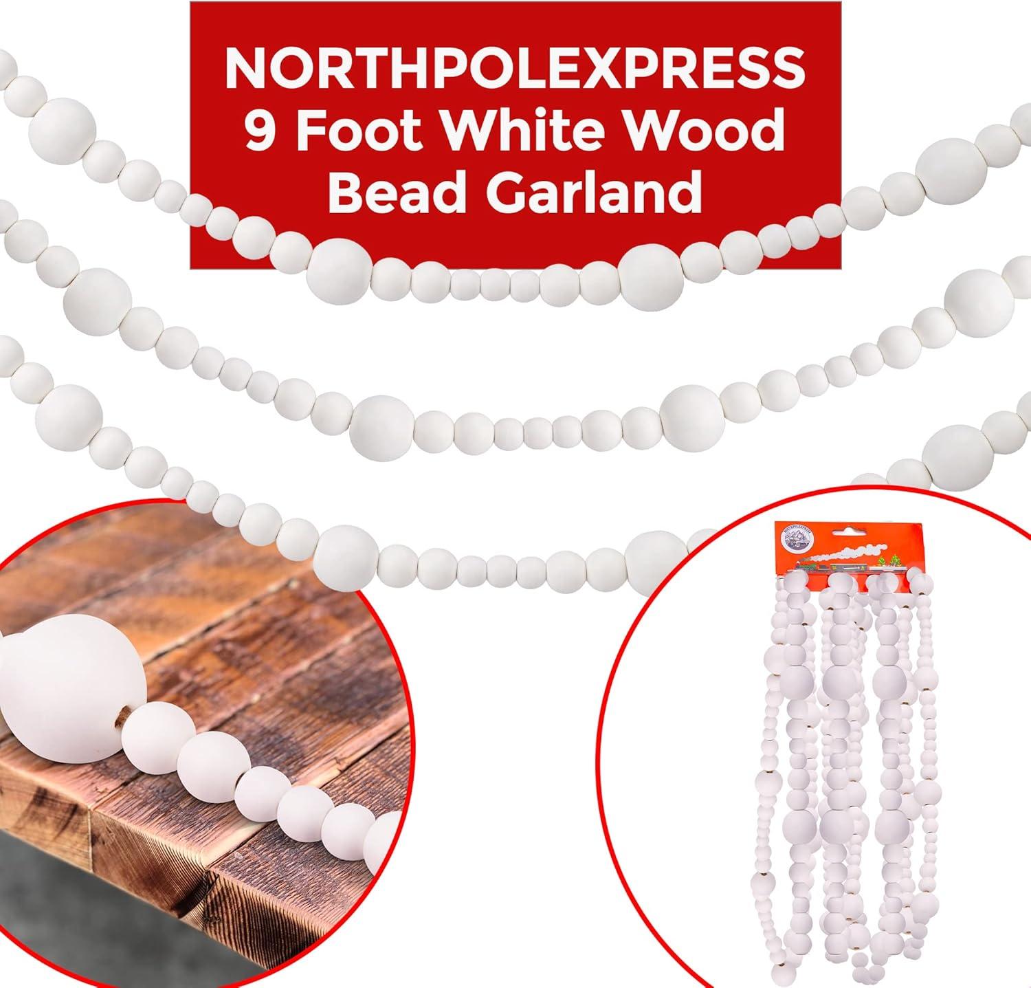 NorthPoleXpress 9 Foot White Wooden Christmas Tree Garland, Rustic Natural Country Farmhouse Vintage