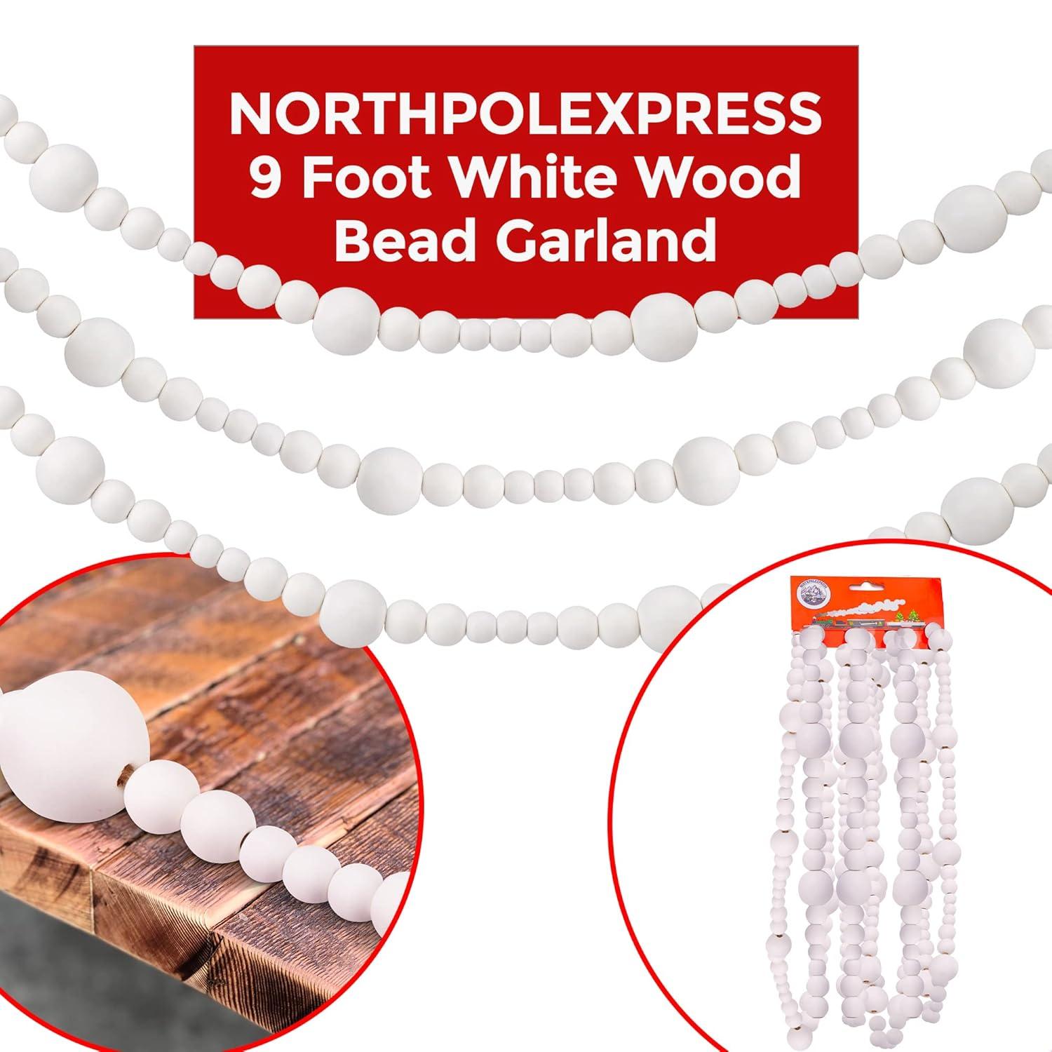 NorthPoleXpress 9 Foot White Wooden Christmas Tree Garland, Rustic Natural Country Farmhouse Vintage