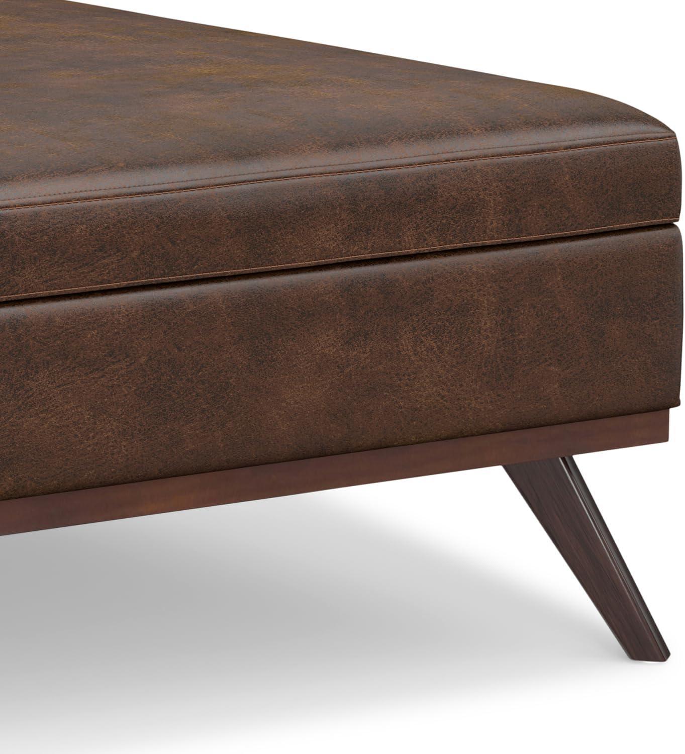 Simpli Home Owen 40 inch Wide Mid Century Modern Square XL Coffee Table Storage Ottoman in Distressed Chestnut Brown Vegan Faux Leather, Assembled