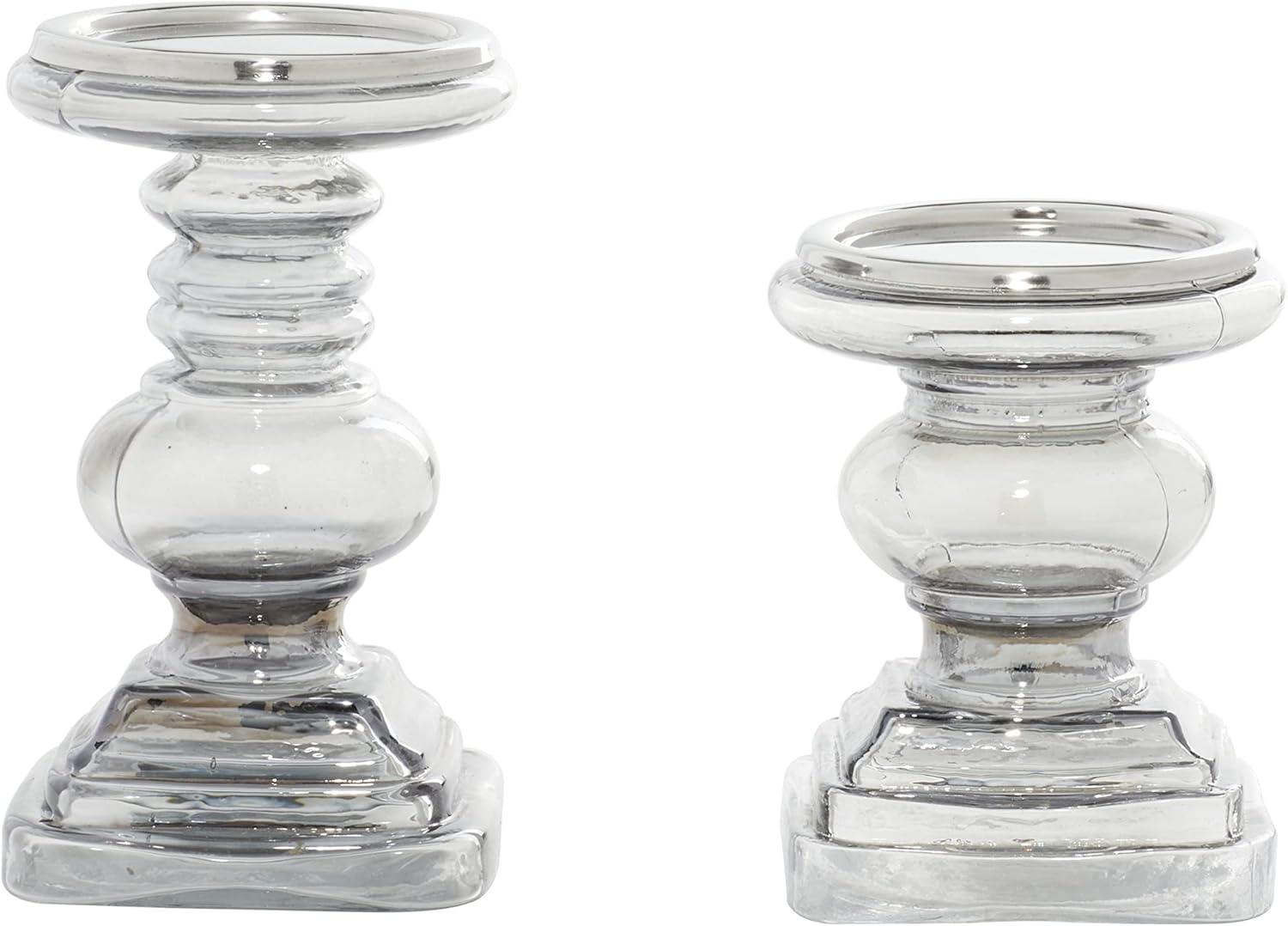 DecMode 2 Candle Silver Glass Handmade Turned Style Pillar Candle Holder, Set of 2