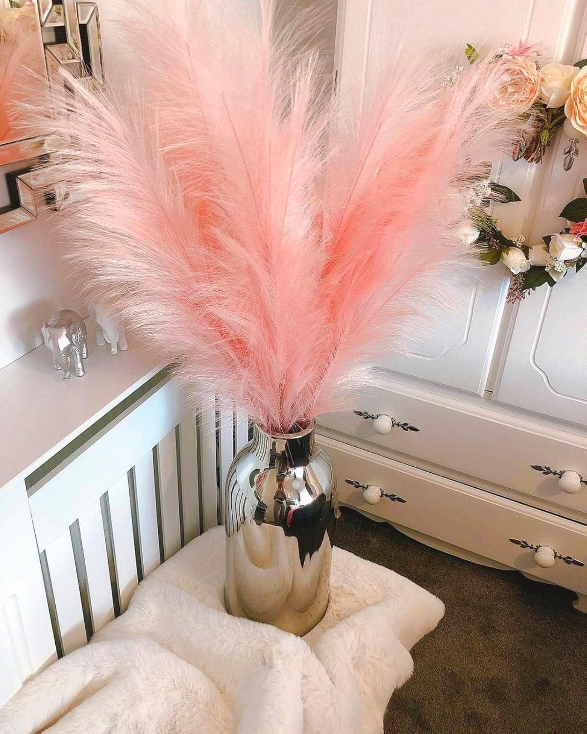 Faux Pampas Grass, Pink Pampas Grass Decor,7 Branches | Each Stem Fluffy Small Pompous Grass for Vase Filler in Table Vase Decor for House, Office, Boho Wedding Flower (Pink, 7PCS 24 inch)