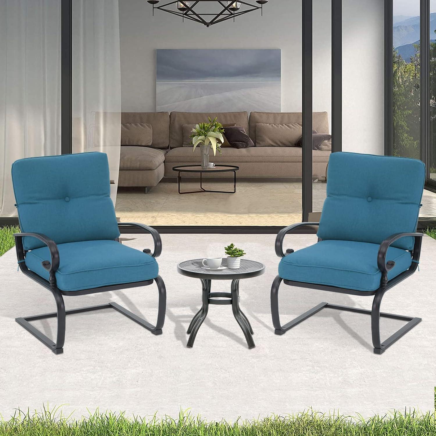 SUNCROWN 3-Piece Patio Furniture Outdoor Bistro Set Spring Metal Chairs and Round Bistro Table, Blue