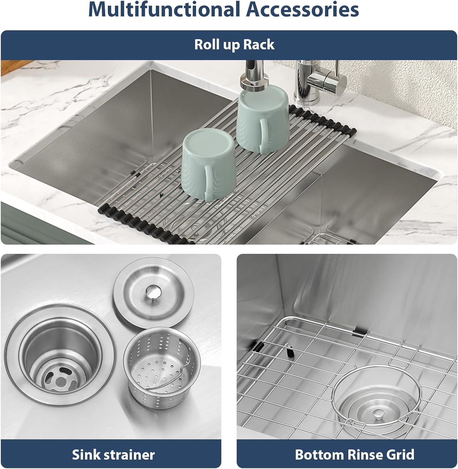 Double Bowl (60/40) Undermount Sink, 33"x19" Gunmetal Black Double Bowl Kitchen Sink 16 Gauge with Two 10" Deep Basin, X Grooves Engineered for Easy Draining