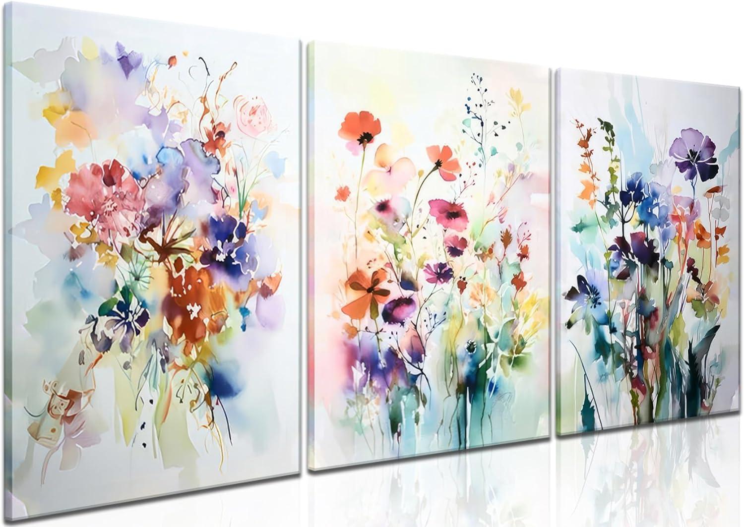 JRXY 3 Pcs Framed Watercolor Floral Botanical Canvas Wall Art Colorful Wildflower Plant Paintings Prints Posters 12x16 in