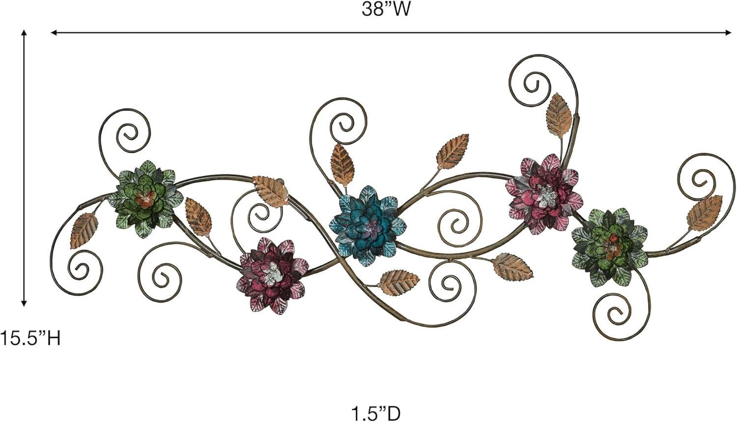 Golden Bronze Metal Wall Art Sculpture with Purple and Green Flowers