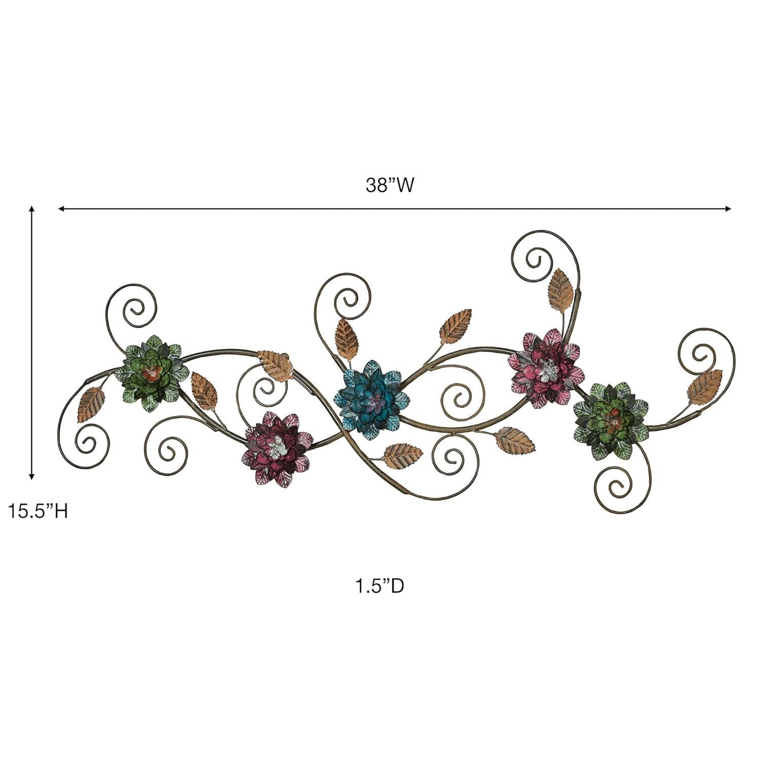 Golden Bronze Metal Wall Art Sculpture with Purple and Green Flowers