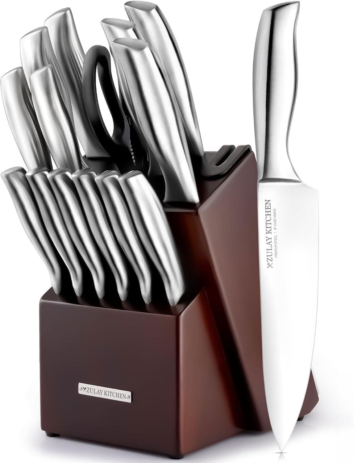 Zulay Kitchen Zulay Kitchen Premium 15-Piece Knife Set with Natural Wood Block and Built-in Sharpener