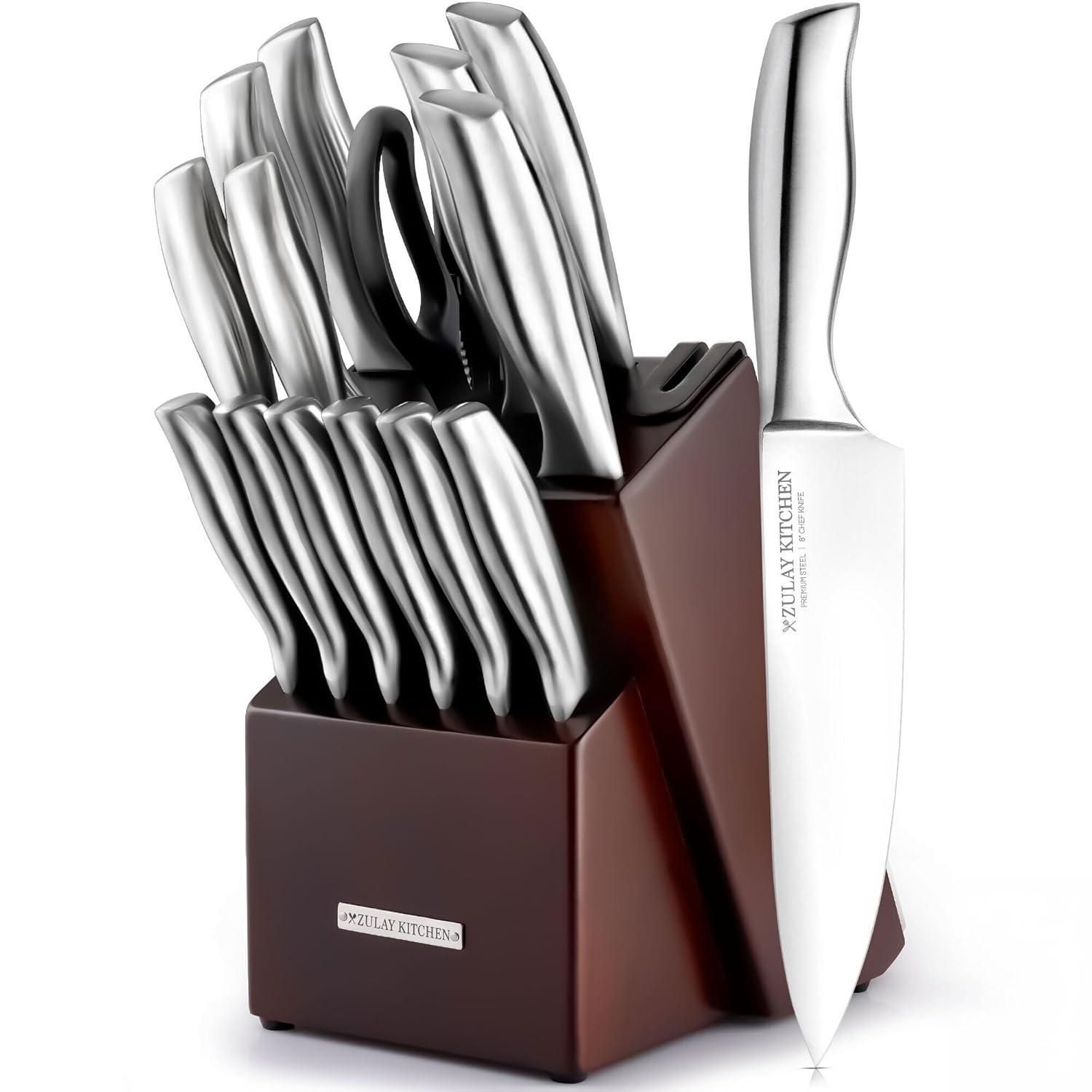 Zulay Kitchen Zulay Kitchen Premium 15-Piece Knife Set with Natural Wood Block and Built-in Sharpener