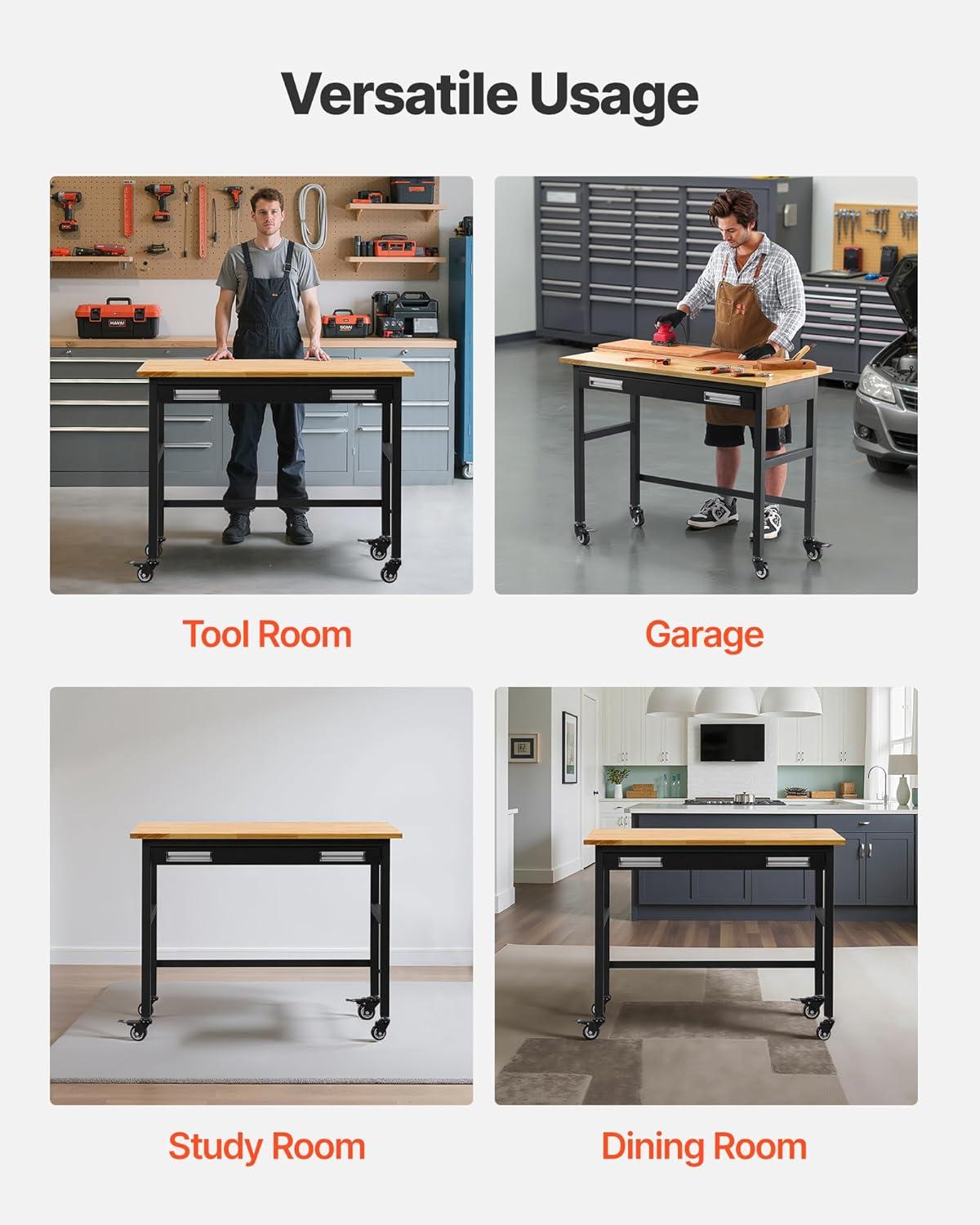 VEVOR Workbench, 48-inch Garage Workbench with Drawer Storage & Wheels, 1500 lbs Load Capacity Workshop Bench on Wheels, Heavy Duty Oak Wood Top Work Table for Garage, Workshop, Office, and Home