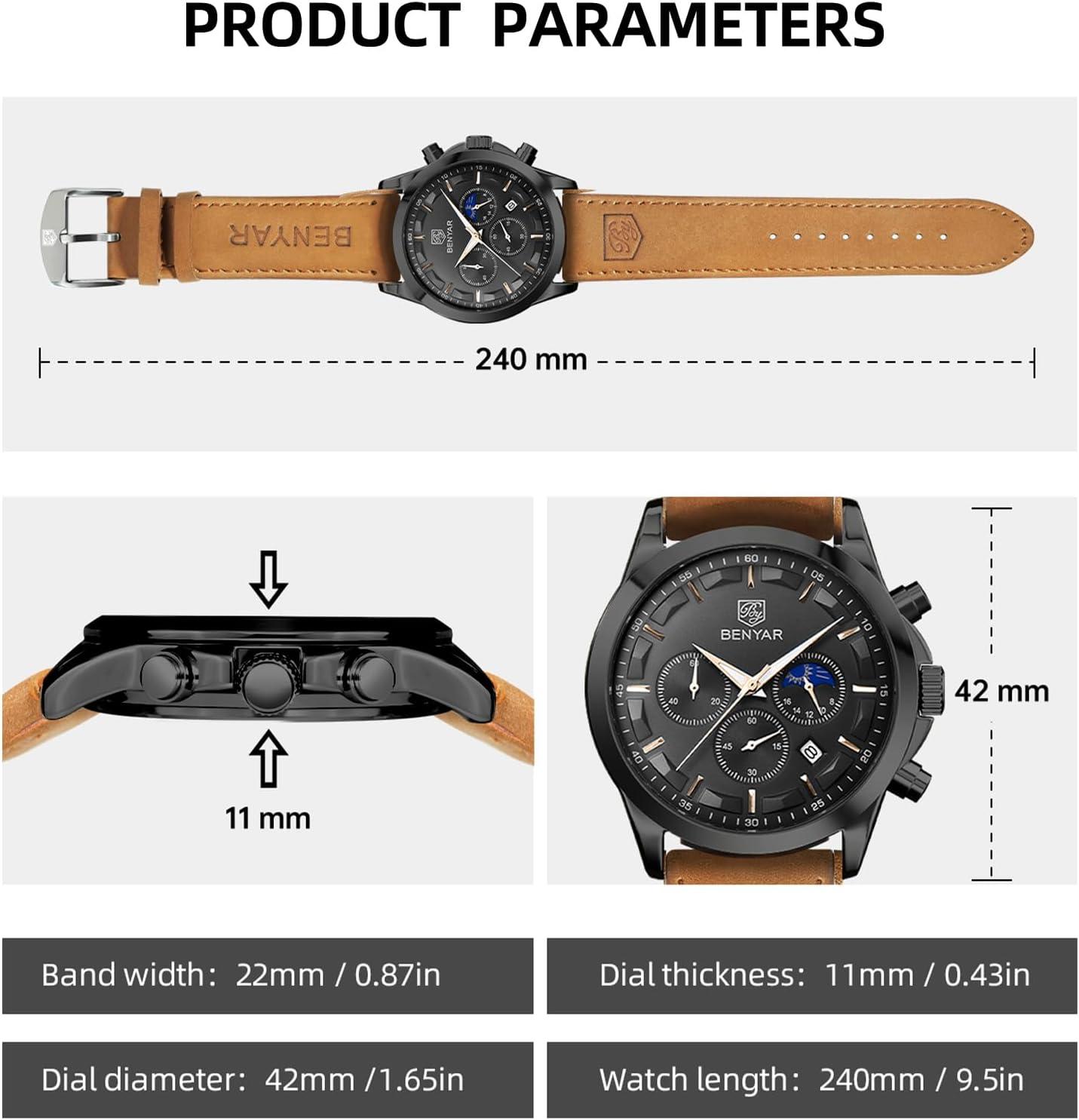 BY BENYAR Mens Watches Analog Quartz Chronograph Waterproof Wrist Watches for Men Fashion Business Work Casual Sport Designer Dress Watch with Calendar Elegant Gifts for Men