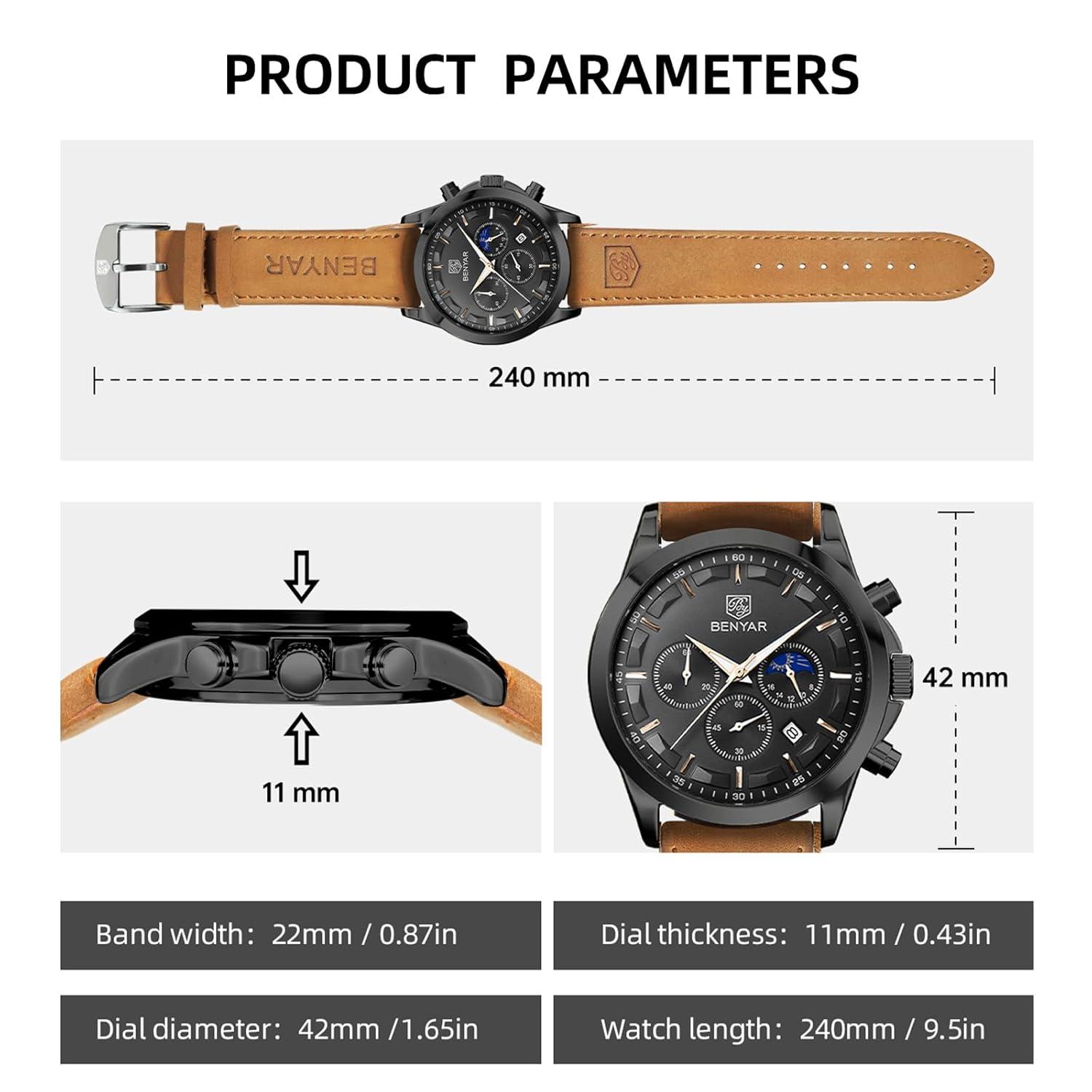 BY BENYAR Mens Watches Analog Quartz Chronograph Waterproof Wrist Watches for Men Fashion Business Work Casual Sport Designer Dress Watch with Calendar Elegant Gifts for Men