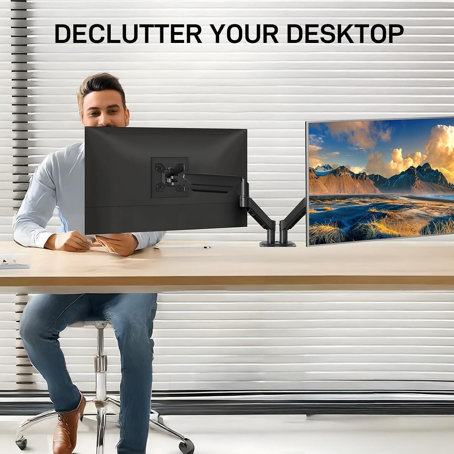 Dual Monitor Stand for Desk-Monitor Arms for 2 Monitors with C Clamp, Grommet Mounting Base for 13-32 Inch Computer Screens - Full Adjustable Monitor Mount Swivel Each Arm Holds 19.8lbs