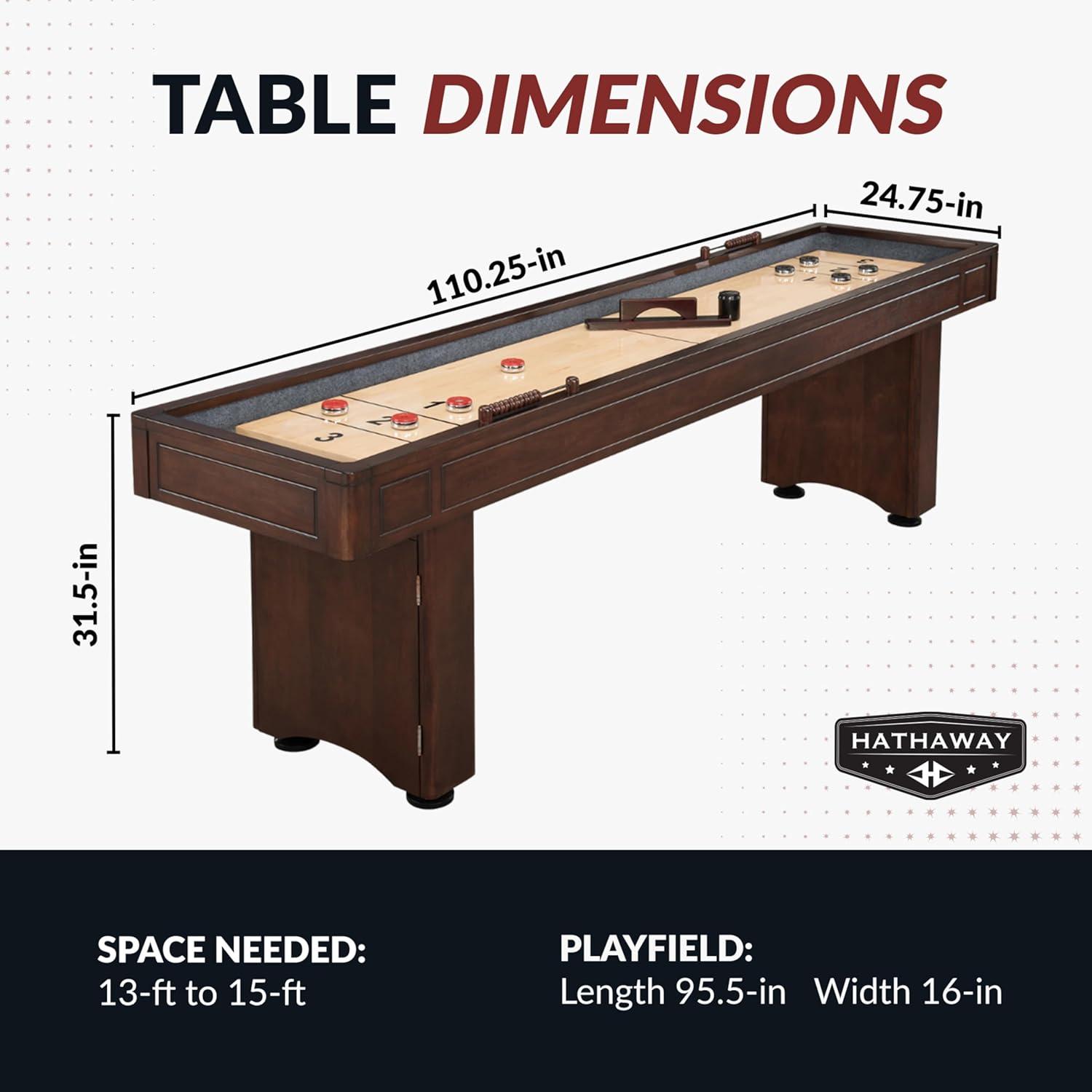 Hathaway Austin 9 Ft Shuffleboard Table for Arcade Game Room - With Scratch Resistant Playfield, Built-In Abacus Scorer & Cabinet, Padded Gutters, Leg Levelers, 8 Pucks, Brush & Wax - Mahogany Finish