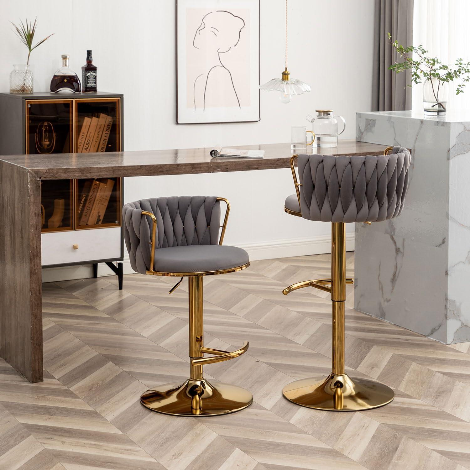 Velvet Bar Stools Set of 2, Counter Height Bar Stools with Low Back, Gold Swivel Barstools for Kitchen Island, Bar Pub (Grey)