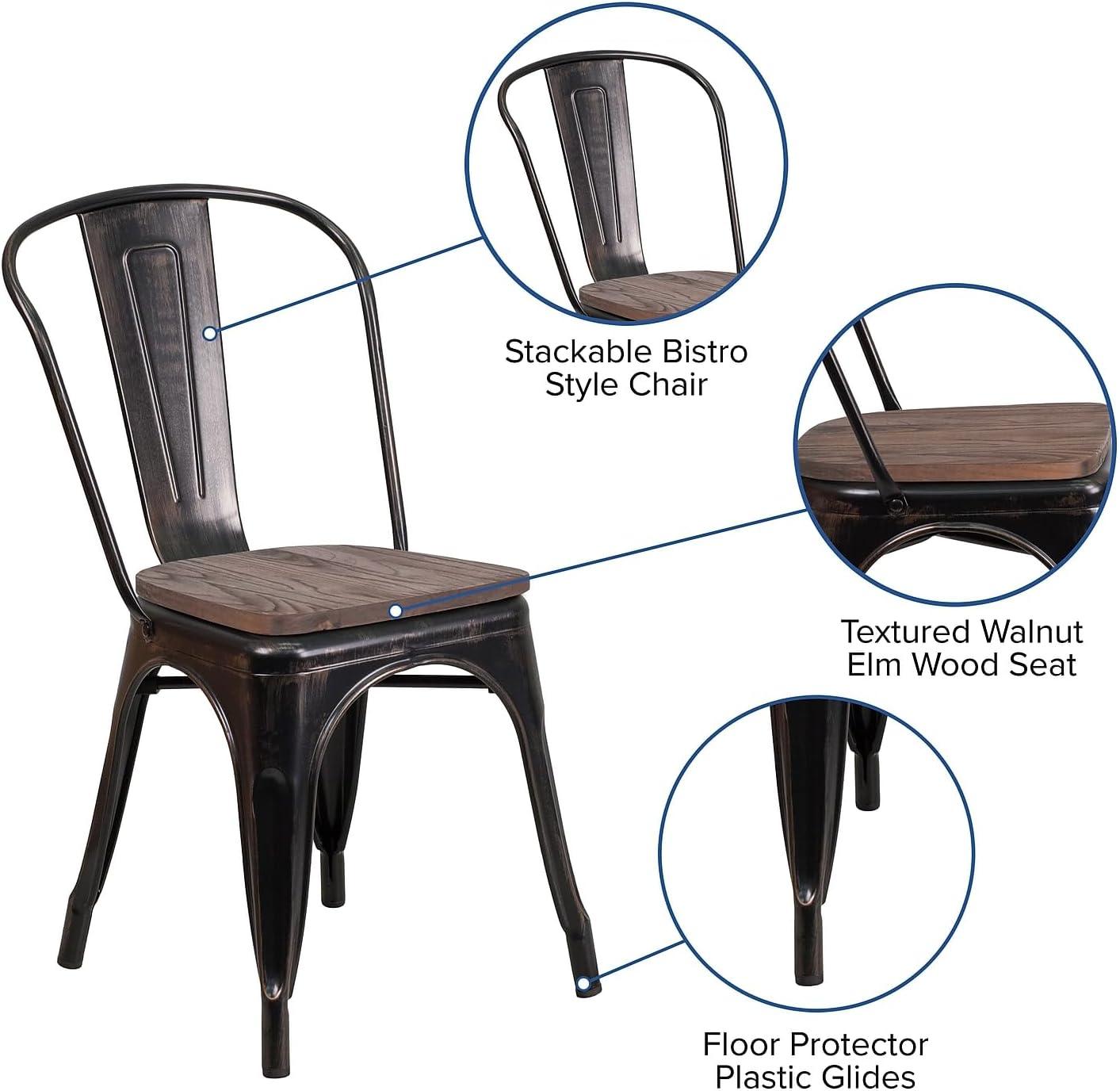 Flash Furniture Black-Antique Gold Metal Stackable Chair with Wood Seat