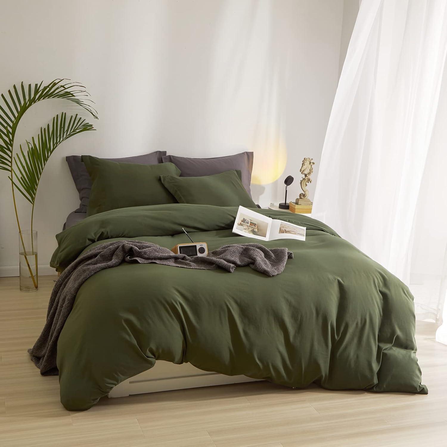 3 Piece 100% Washed Cotton Army Green Duvet Cover Set Luxury Soft and Breatheable Bedding Set with Zipper Closure,Queen Size