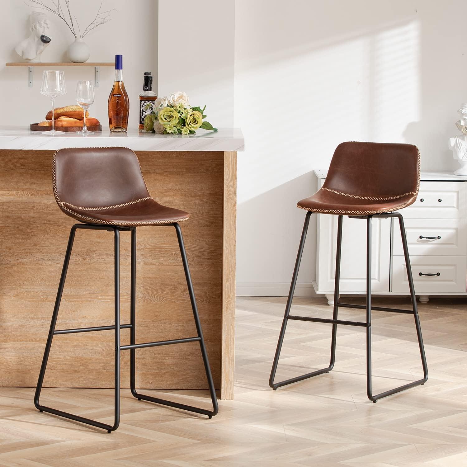 Brown Faux Leather and Metal Bar Stools, 30-Inch Set of 2