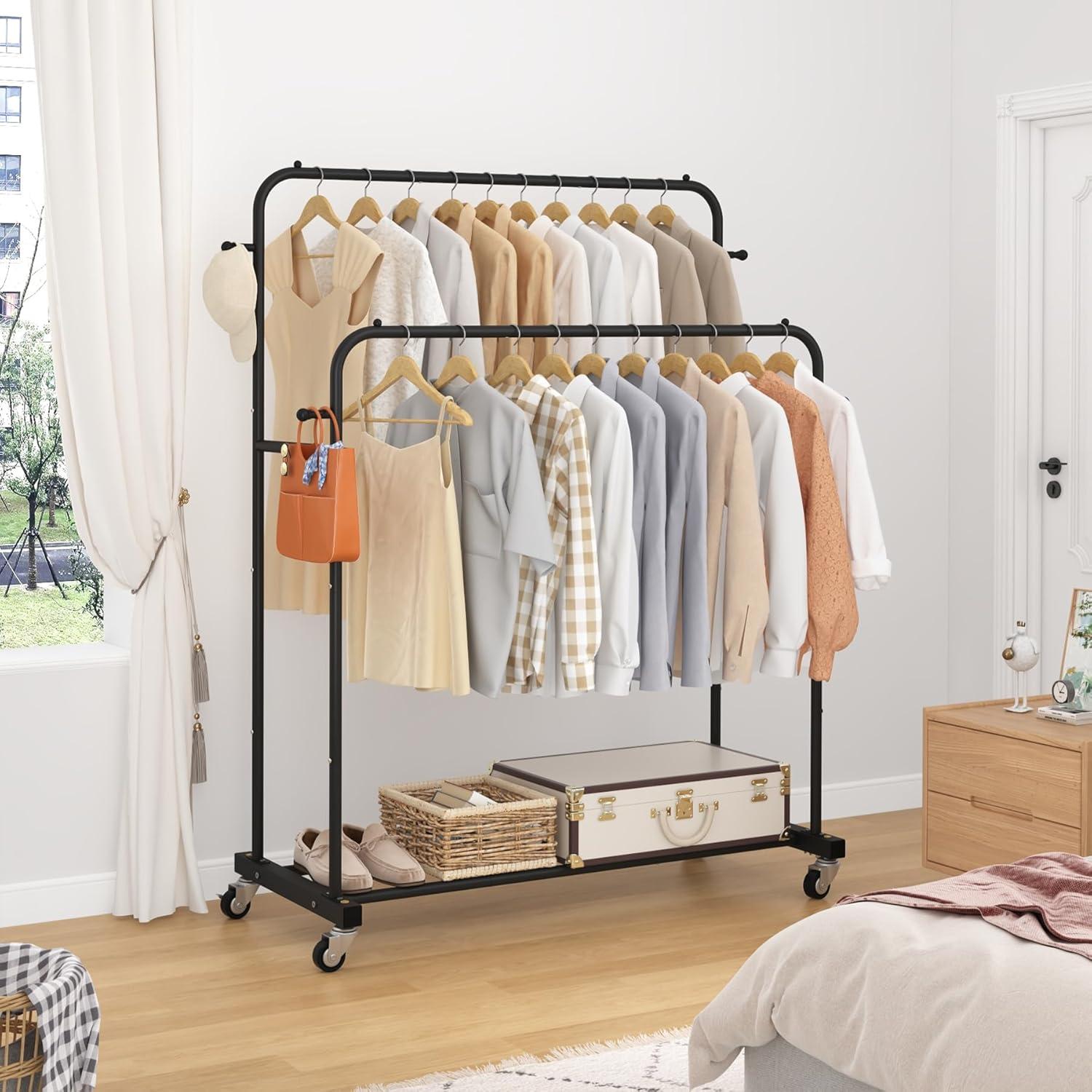 Laiensia Double Rods Garment Rack with Wheels, Clothing Rack for Hanging Clothes,4 Hooks, Multi-functional Bedroom Clothes Rack, Black