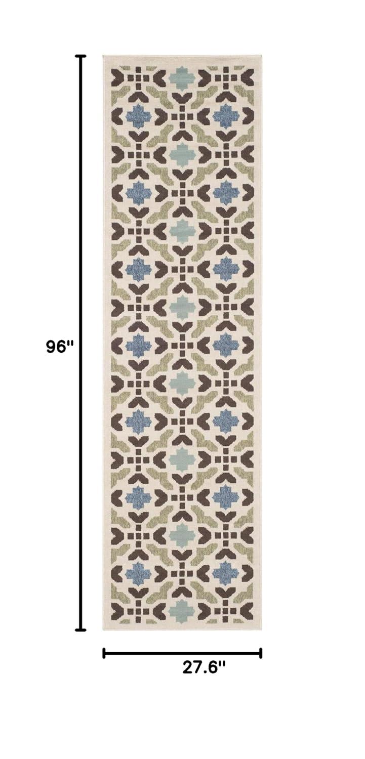 Veranda VER080 Power Loomed Indoor/Outdoor Runner Rug - Cream/Aqua - 2'3"x8' - Safavieh