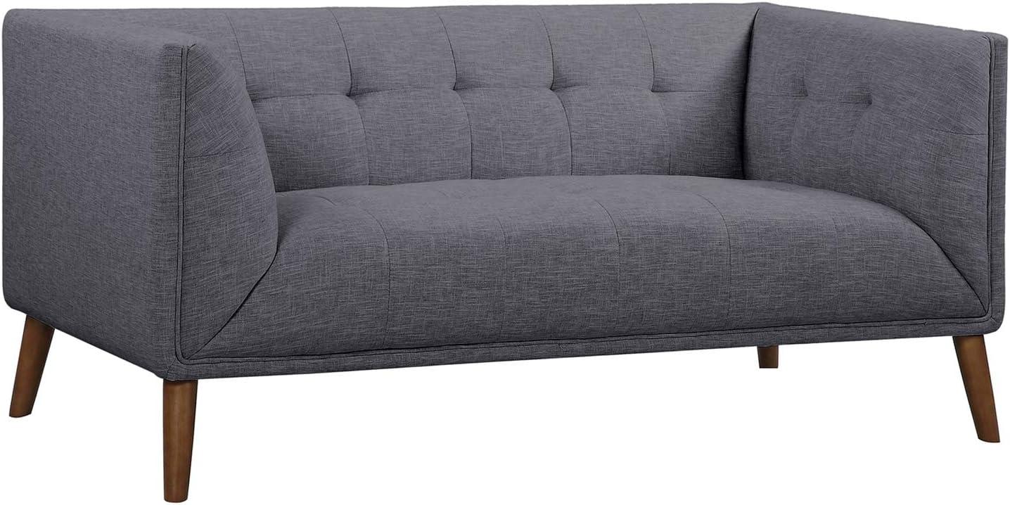 Hudson Gray Loveseat Button-Tufted Linen and Walnut Legs