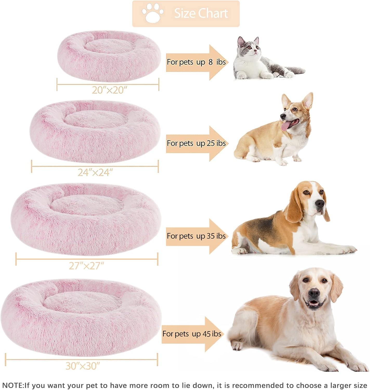 Calming Dog Bed Cat Bed Donut, Faux Fur Pet Bed Self-Warming Donut Cuddler, Comfortable Round Plush Dog Beds (20 X 20 X 8 Inch, Light Pink)