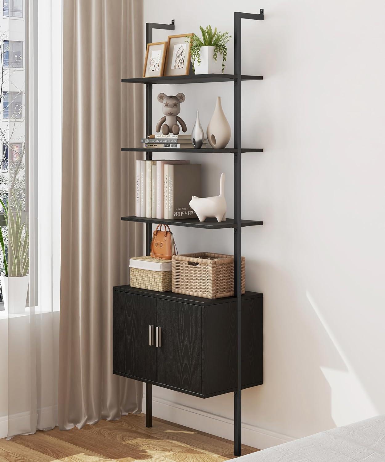 Black Industrial Ladder Bookshelf with Cabinet and Metal Frame