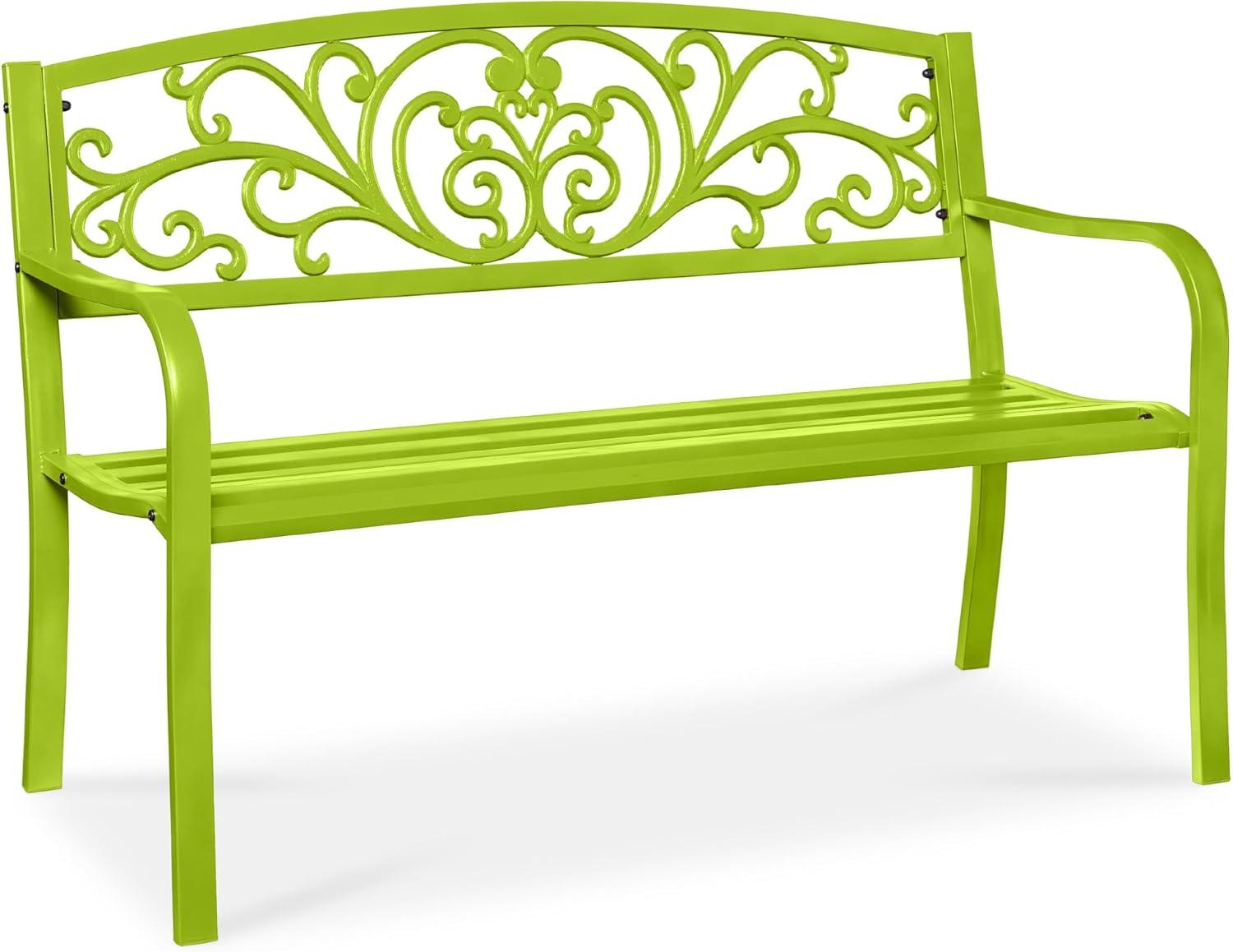 World Menagerie Outdoor Steel Bench with Floral Backrest & Slatted Seat, Marigold for Garden, Patio, Porch, Lawn, and Deck