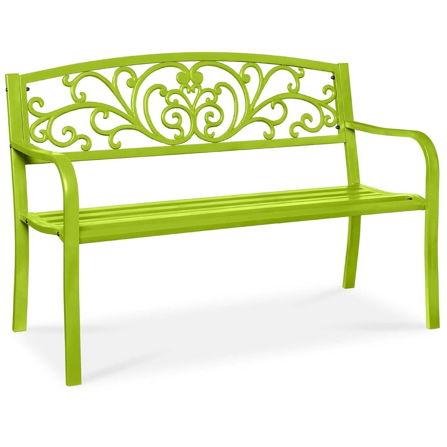 World Menagerie Outdoor Steel Bench with Floral Backrest & Slatted Seat, Marigold for Garden, Patio, Porch, Lawn, and Deck