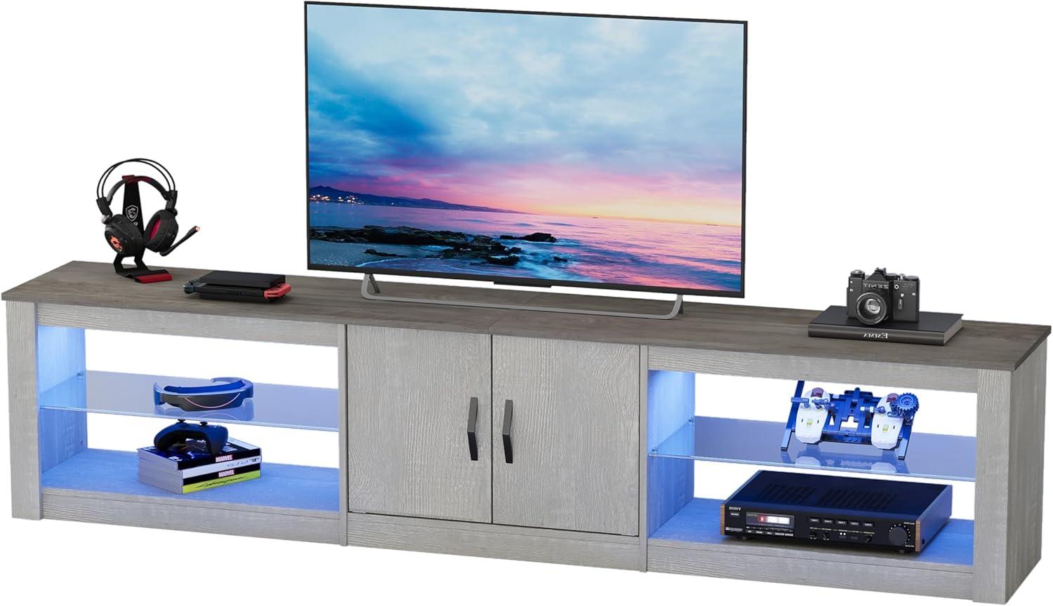 Bestier 80 Inch TV Stand for 75/77/85/86 inch TVs, LED Gaming Entertainment Center for PS5 with Storage Cabinet &Adjustable Glass Shelves, Modern TV Console Table for Living Room Bedroom, Wash White