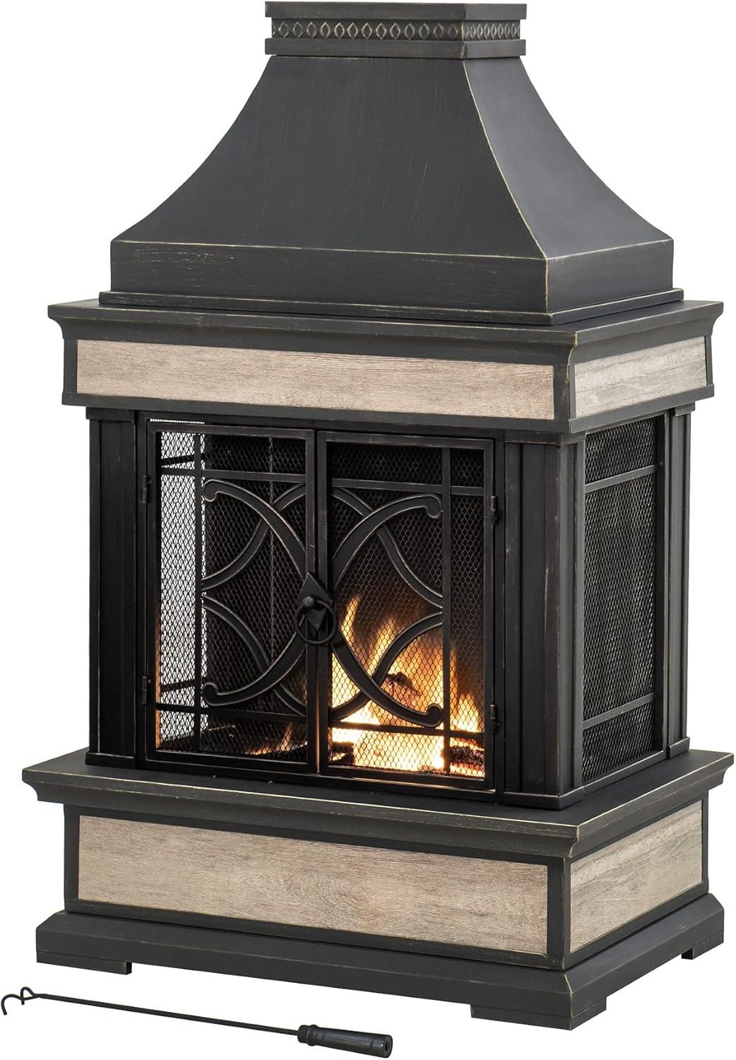 SUNJOY Outdoor 57 inch Steel Wood Burning Fireplace with Fire Poker and Rain Cover
