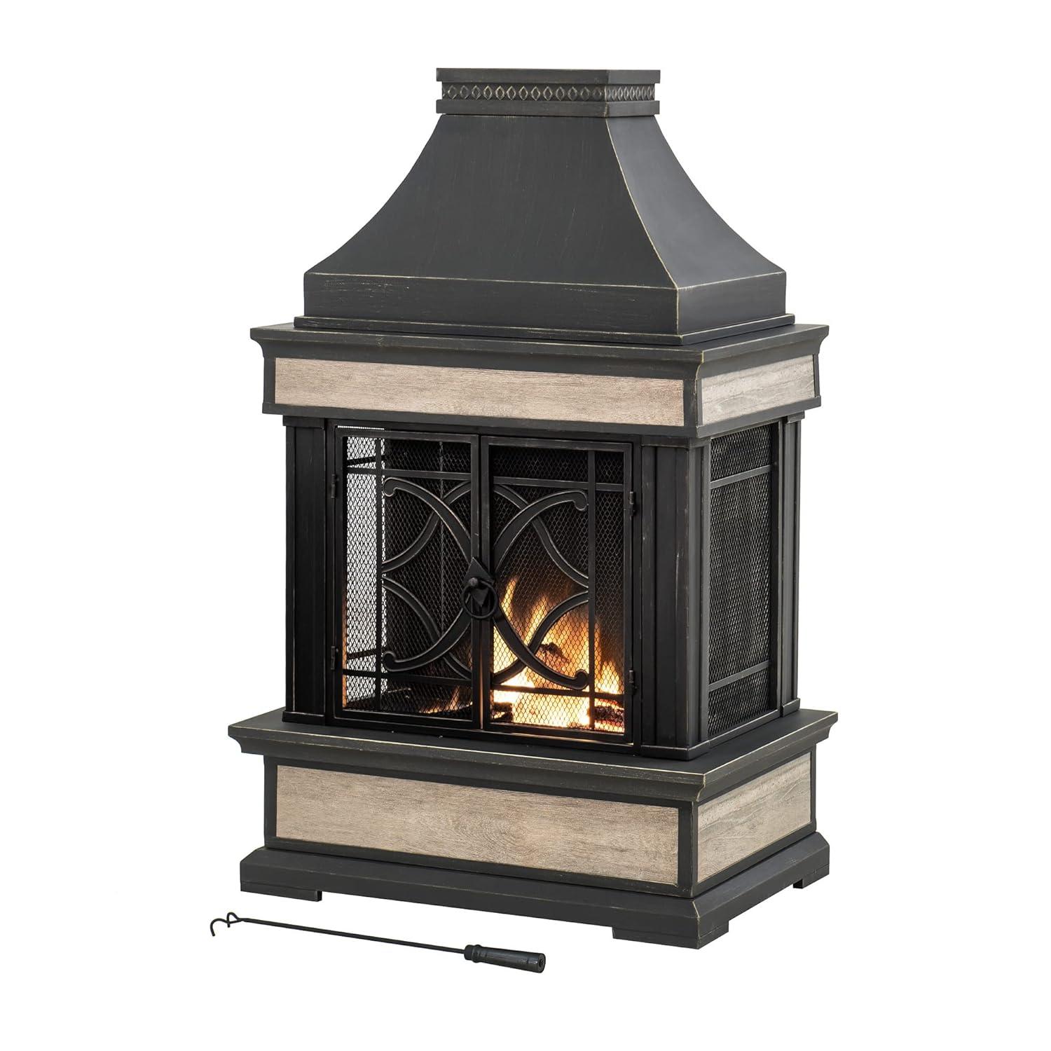 SUNJOY Outdoor 57 inch Steel Wood Burning Fireplace with Fire Poker and Rain Cover