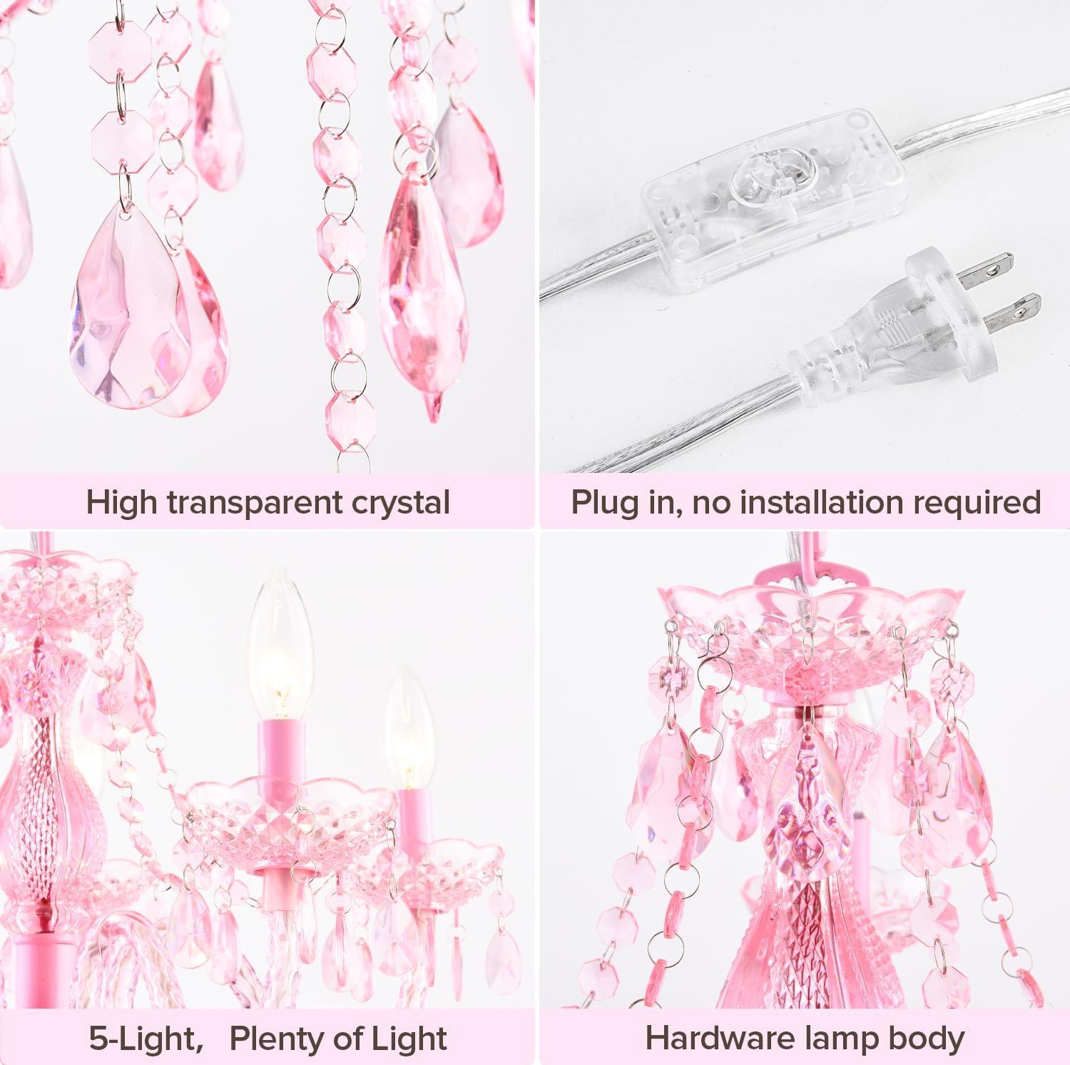 Plug-in 5 Lights Pink Crystal Hanging Pendant Light Acrylic Chandelier with Clear Cord & On/Off Switch H19 D19.7 for Kitchen Island Girls' Room Dining Area Laundry Pavilion.